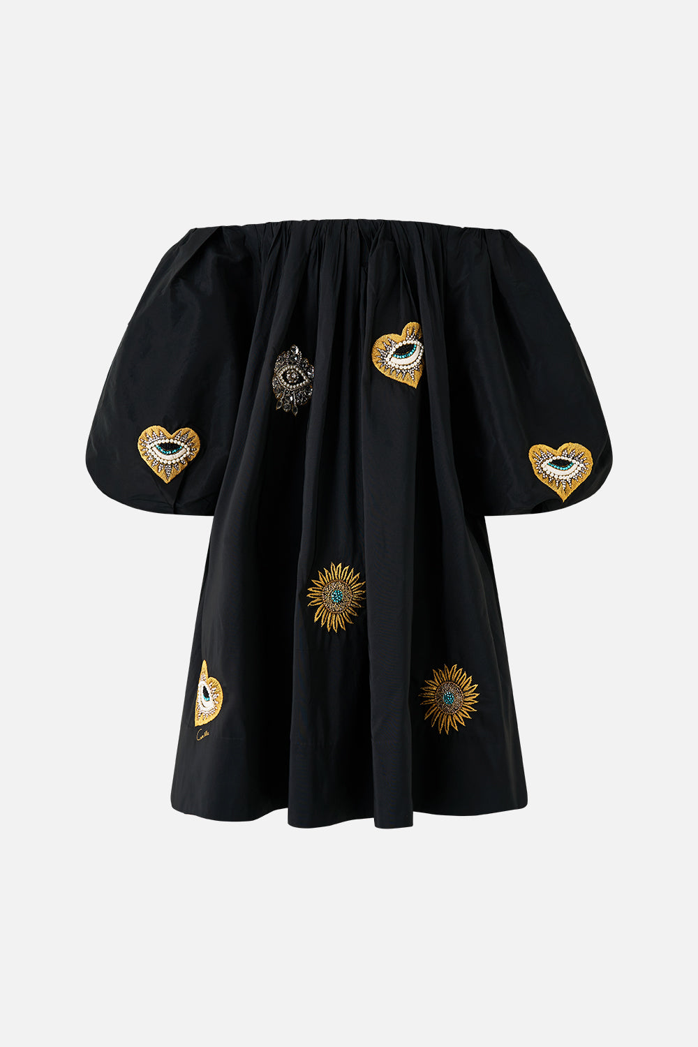 The CAMILLA OFF SHOULDER PUFF DRESS AMULETS AND ALCHEMY in our  print.