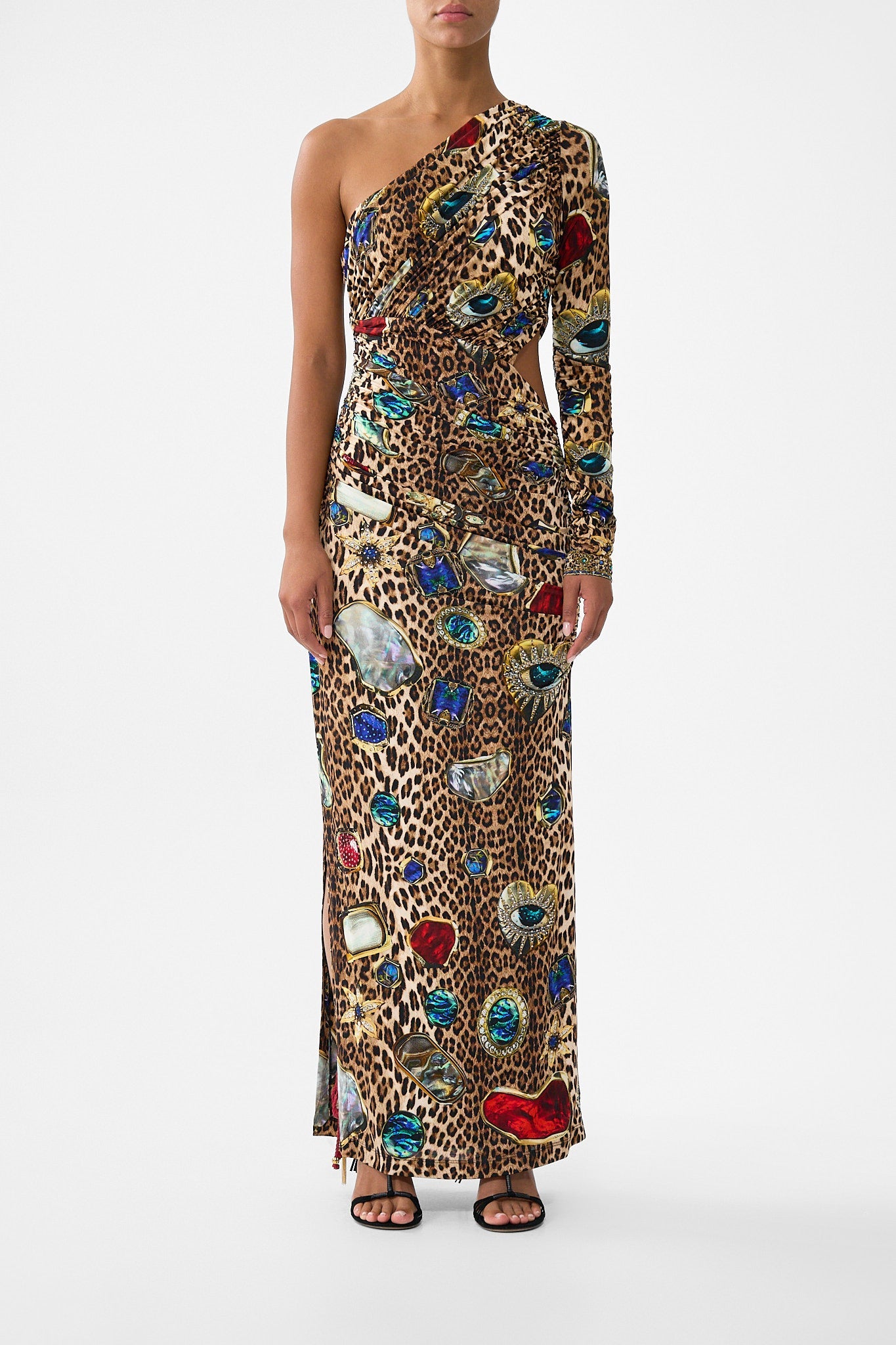 The CAMILLA ONE SHOULDER JERSEY CUT OUT DRESS NAZAR NIRVANA in our NAZAR NIRVANA print.