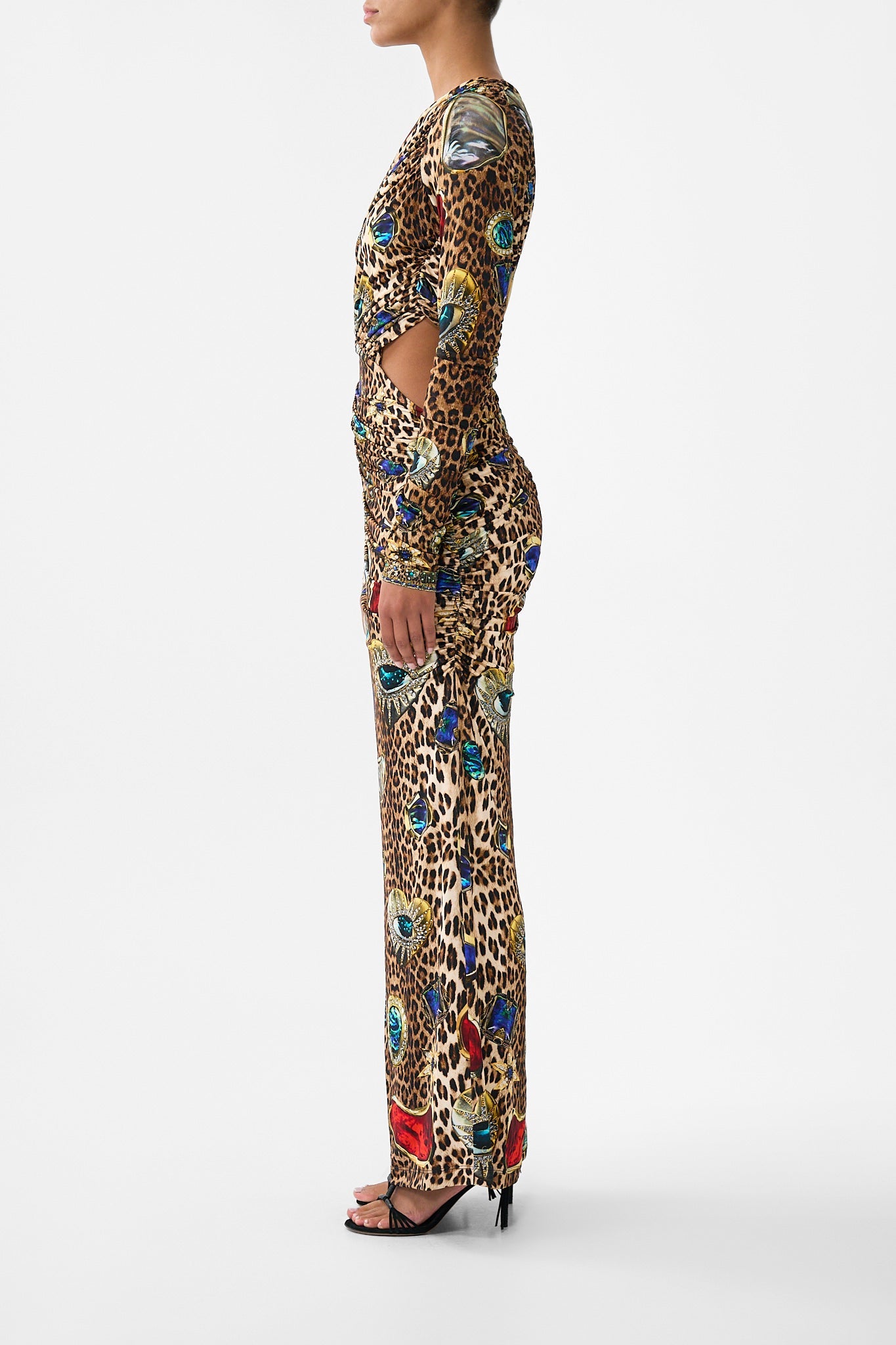 The CAMILLA ONE SHOULDER JERSEY CUT OUT DRESS NAZAR NIRVANA in our  print.