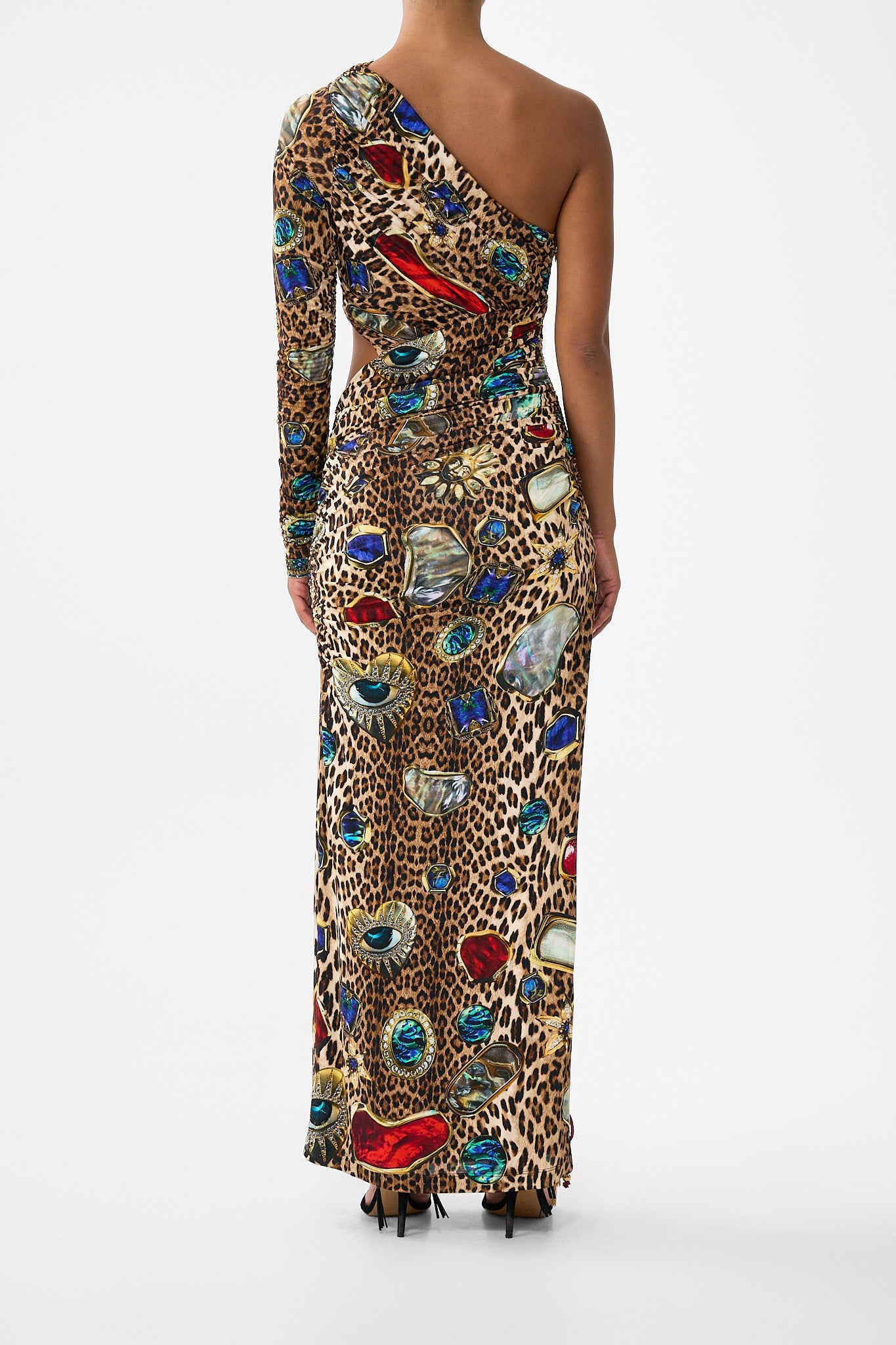 The CAMILLA ONE SHOULDER JERSEY CUT OUT DRESS NAZAR NIRVANA in our  print.