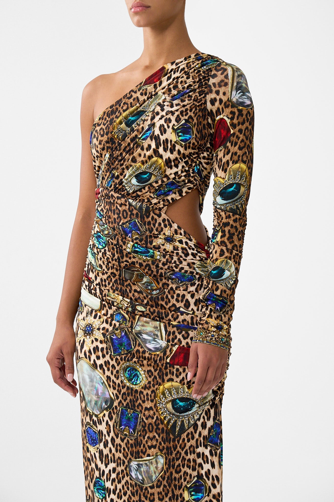 The CAMILLA ONE SHOULDER JERSEY CUT OUT DRESS NAZAR NIRVANA in our  print.