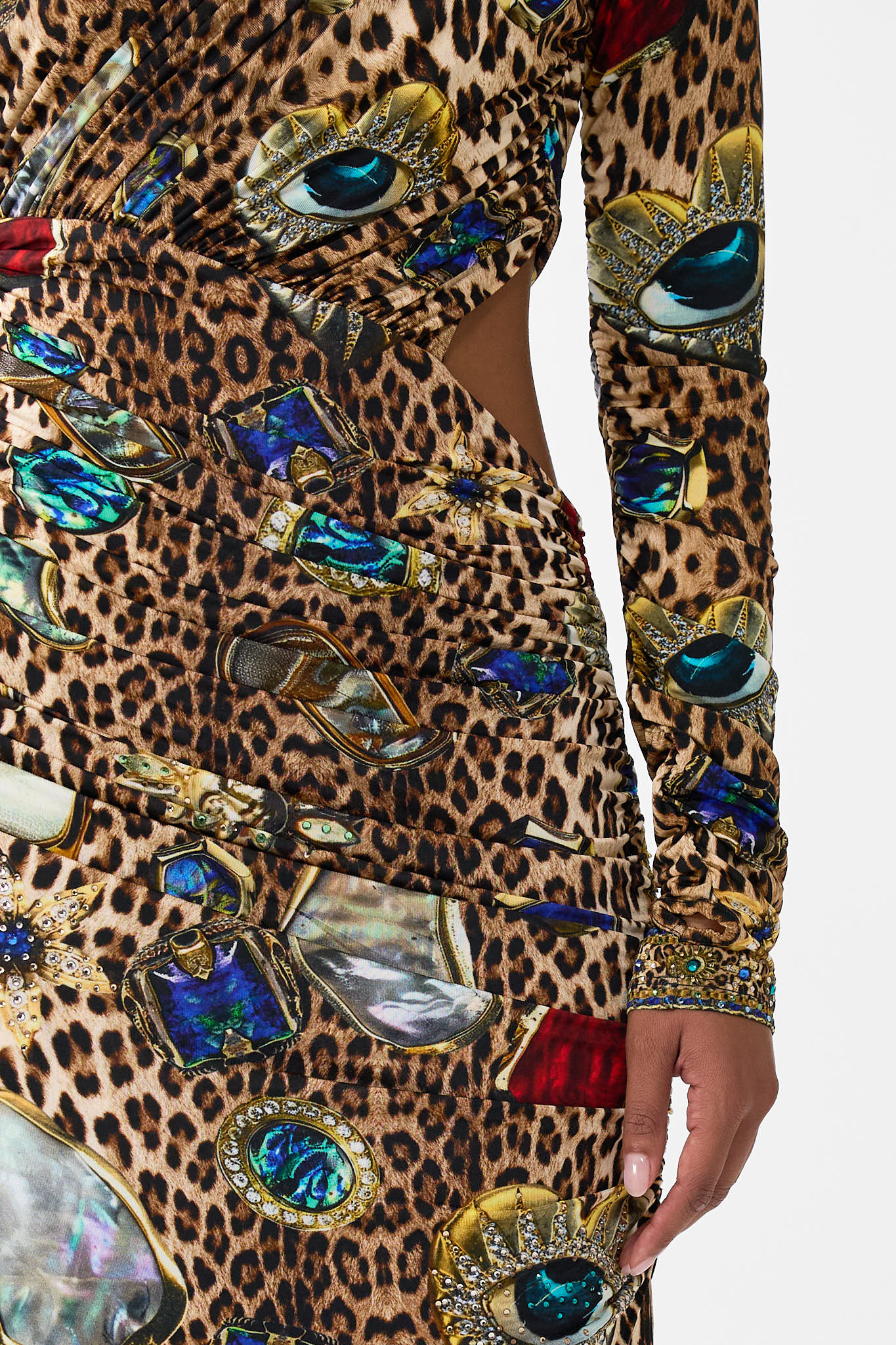The CAMILLA ONE SHOULDER JERSEY CUT OUT DRESS NAZAR NIRVANA in our  print.