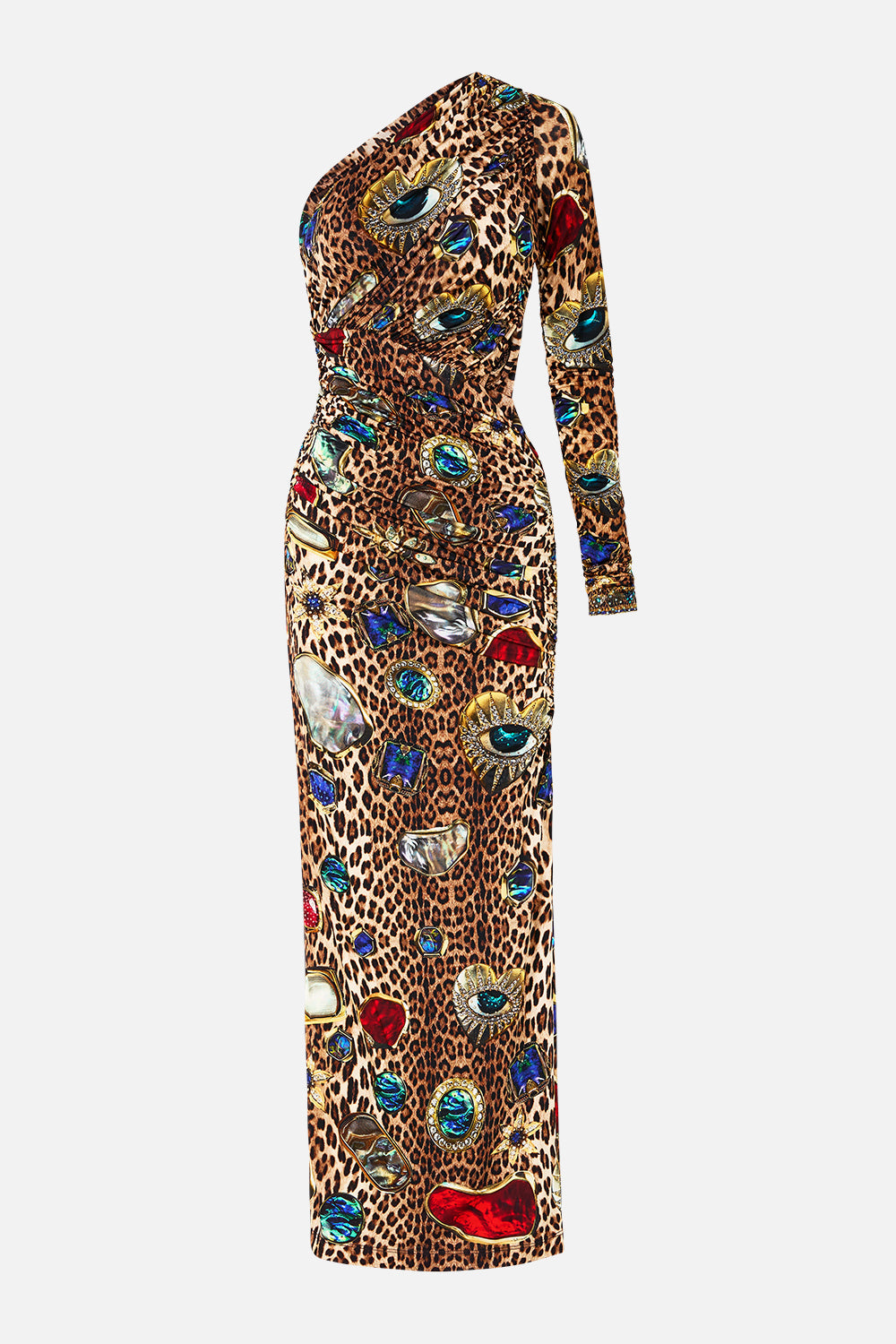The CAMILLA ONE SHOULDER JERSEY CUT OUT DRESS NAZAR NIRVANA in our  print.