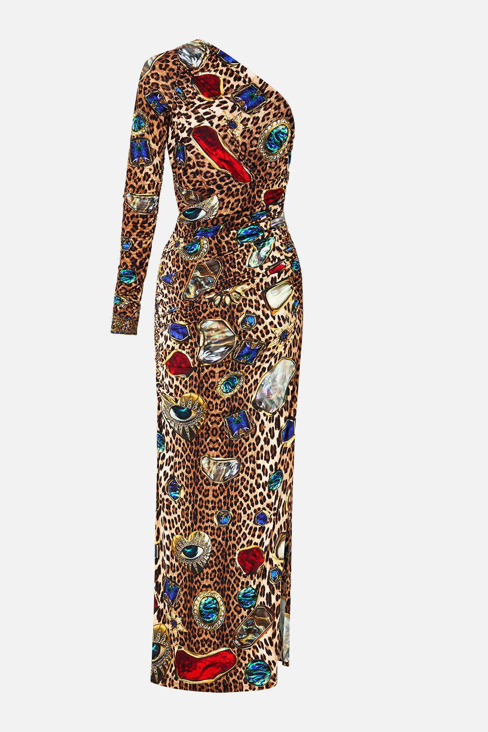 The CAMILLA ONE SHOULDER JERSEY CUT OUT DRESS NAZAR NIRVANA in our  print.