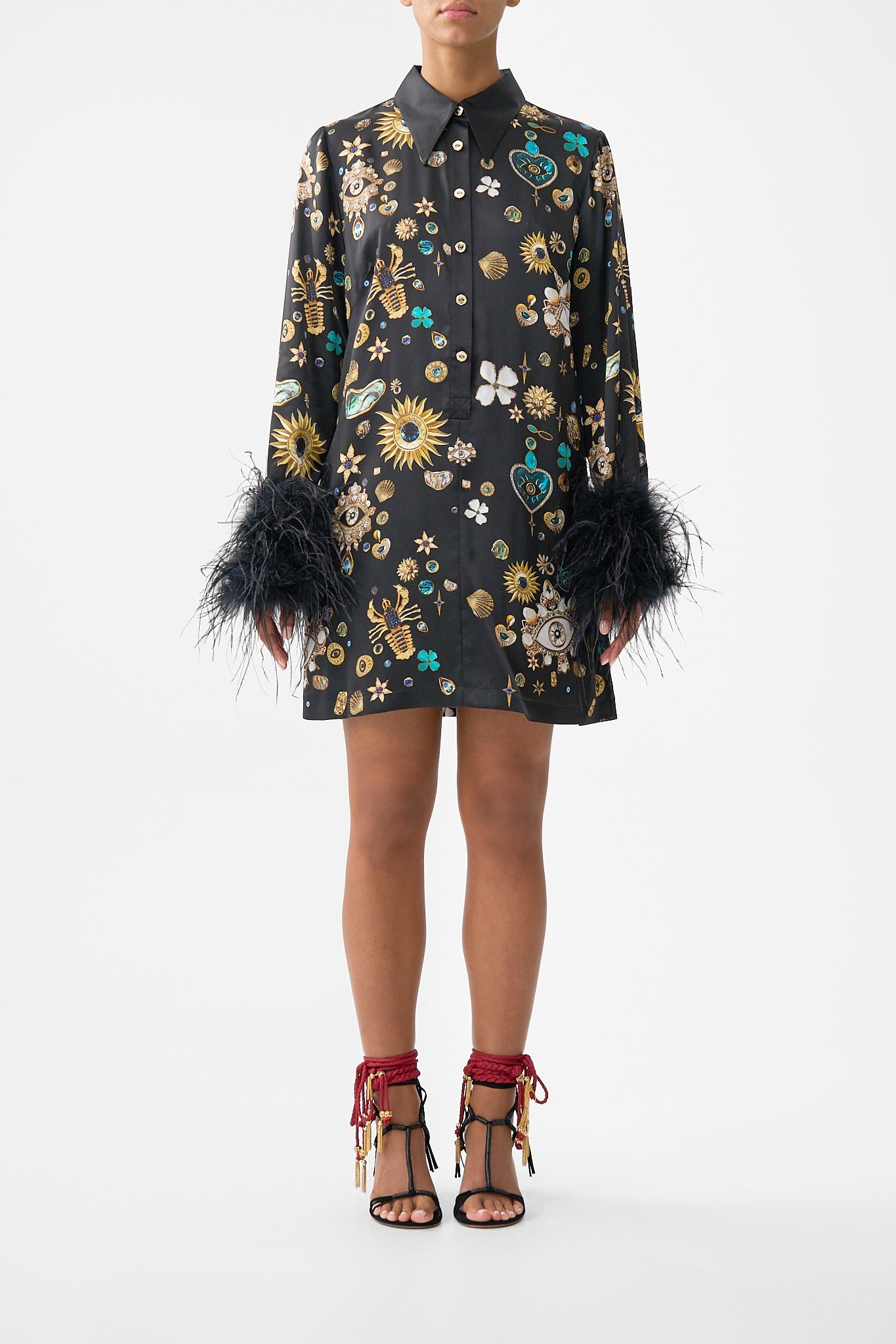 The CAMILLA MINI SHIRT DRESS WITH FEATHERS AMULETS AND ALCHEMY in our AMULETS AND ALCHEMY print.