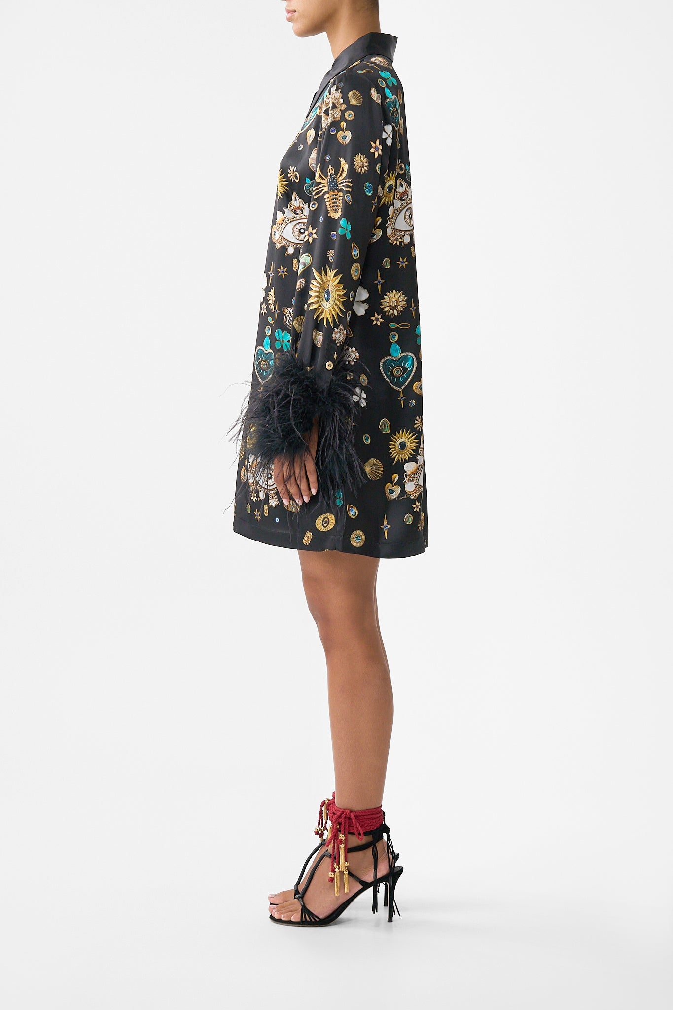 The CAMILLA MINI SHIRT DRESS WITH FEATHERS AMULETS AND ALCHEMY in our  print.