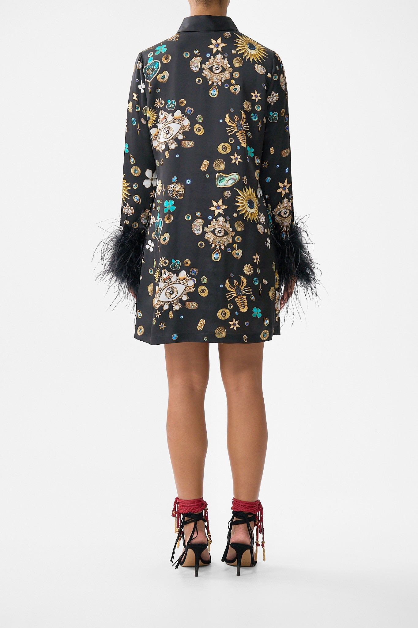 The CAMILLA MINI SHIRT DRESS WITH FEATHERS AMULETS AND ALCHEMY in our  print.