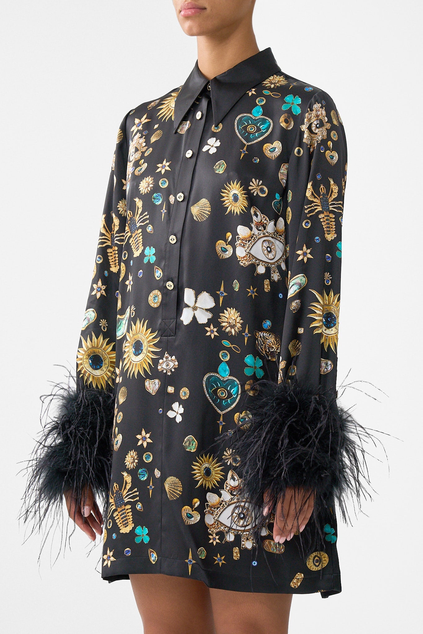 The CAMILLA MINI SHIRT DRESS WITH FEATHERS AMULETS AND ALCHEMY in our  print.