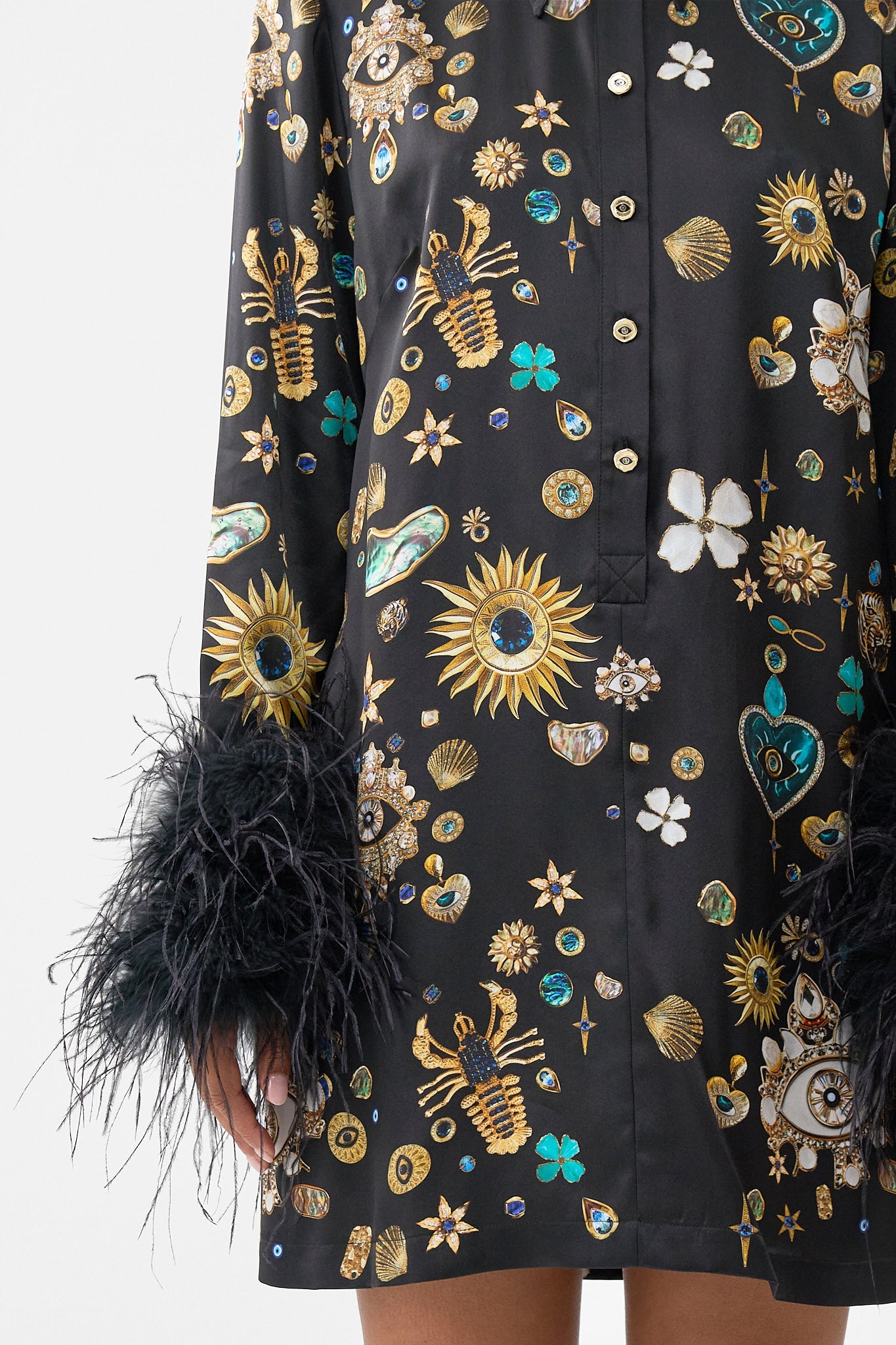 The CAMILLA MINI SHIRT DRESS WITH FEATHERS AMULETS AND ALCHEMY in our  print.