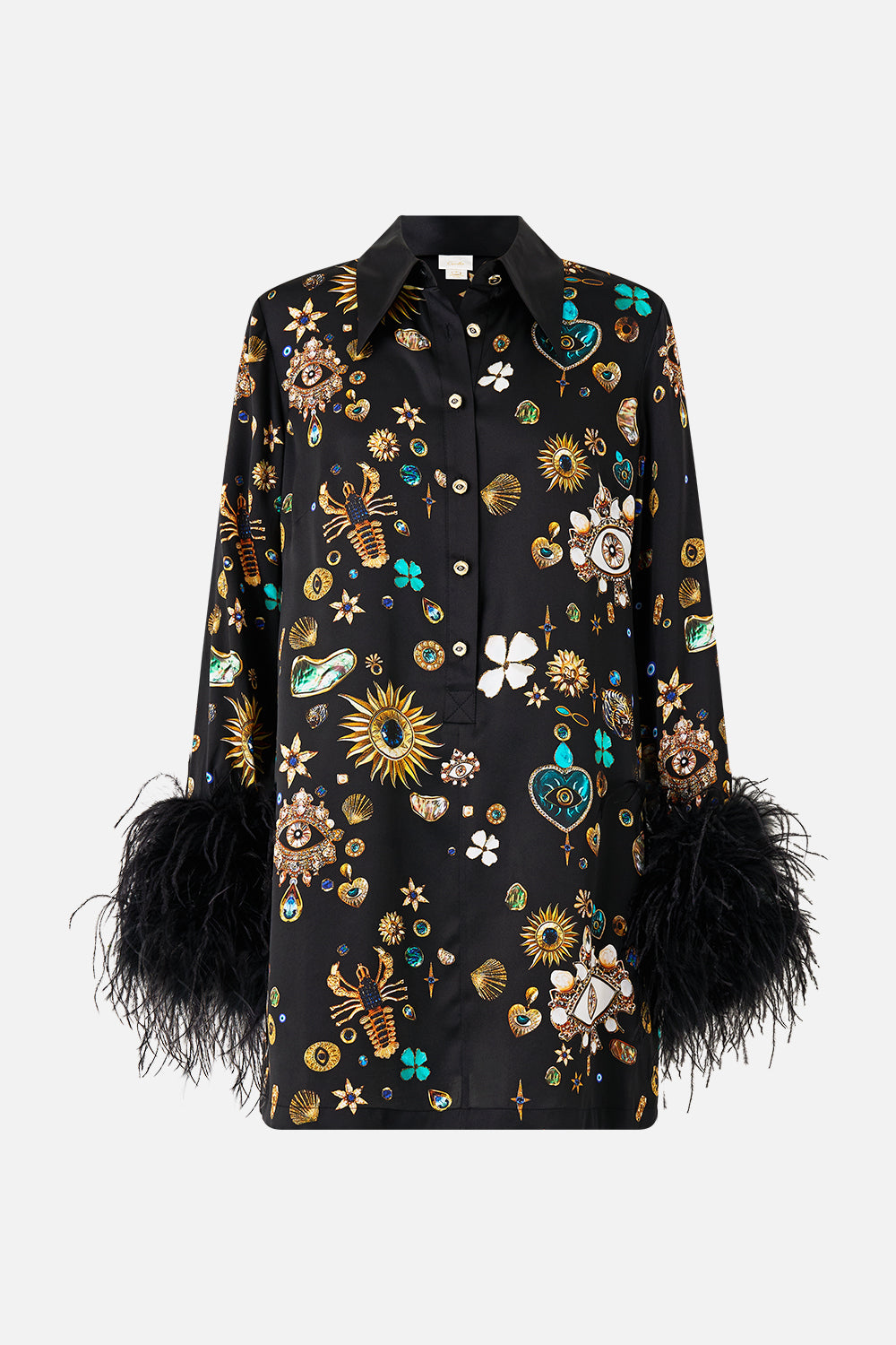 The CAMILLA MINI SHIRT DRESS WITH FEATHERS AMULETS AND ALCHEMY in our  print.