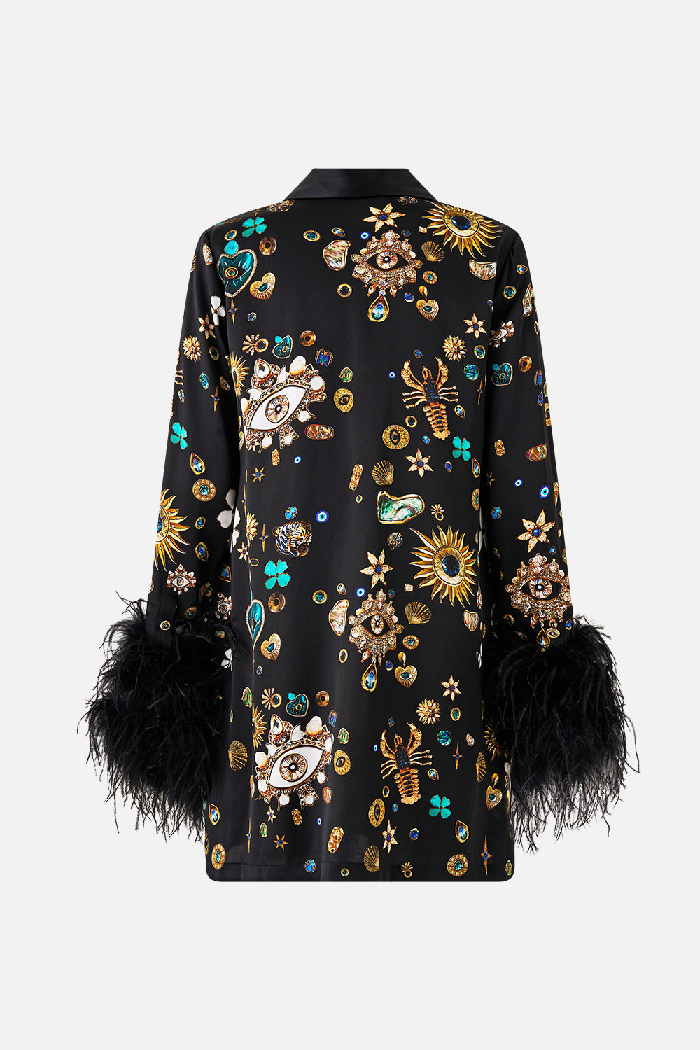 The CAMILLA MINI SHIRT DRESS WITH FEATHERS AMULETS AND ALCHEMY in our  print.