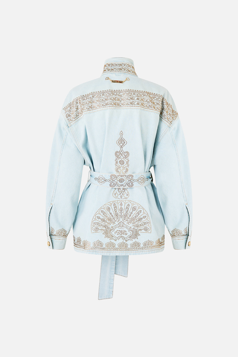 The CAMILLA ALIKA ISTANBUL ALCHEMY HIGH NECK JACKET DENIM in our  print.
