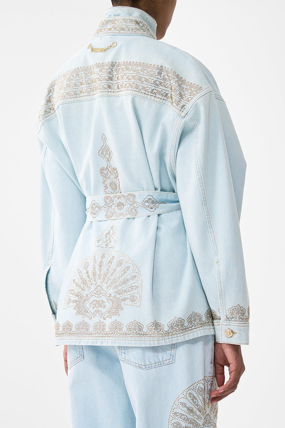 The CAMILLA ALIKA ISTANBUL ALCHEMY HIGH NECK JACKET DENIM in our  print.