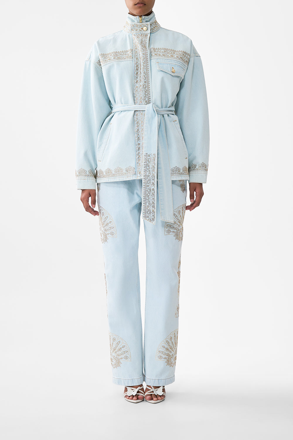 The CAMILLA ALIKA ISTANBUL ALCHEMY HIGH NECK JACKET DENIM in our DENIM print.