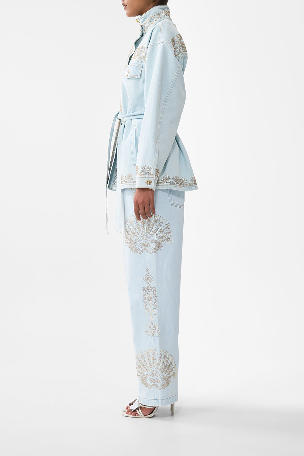 The CAMILLA ALIKA ISTANBUL ALCHEMY HIGH NECK JACKET DENIM in our  print.