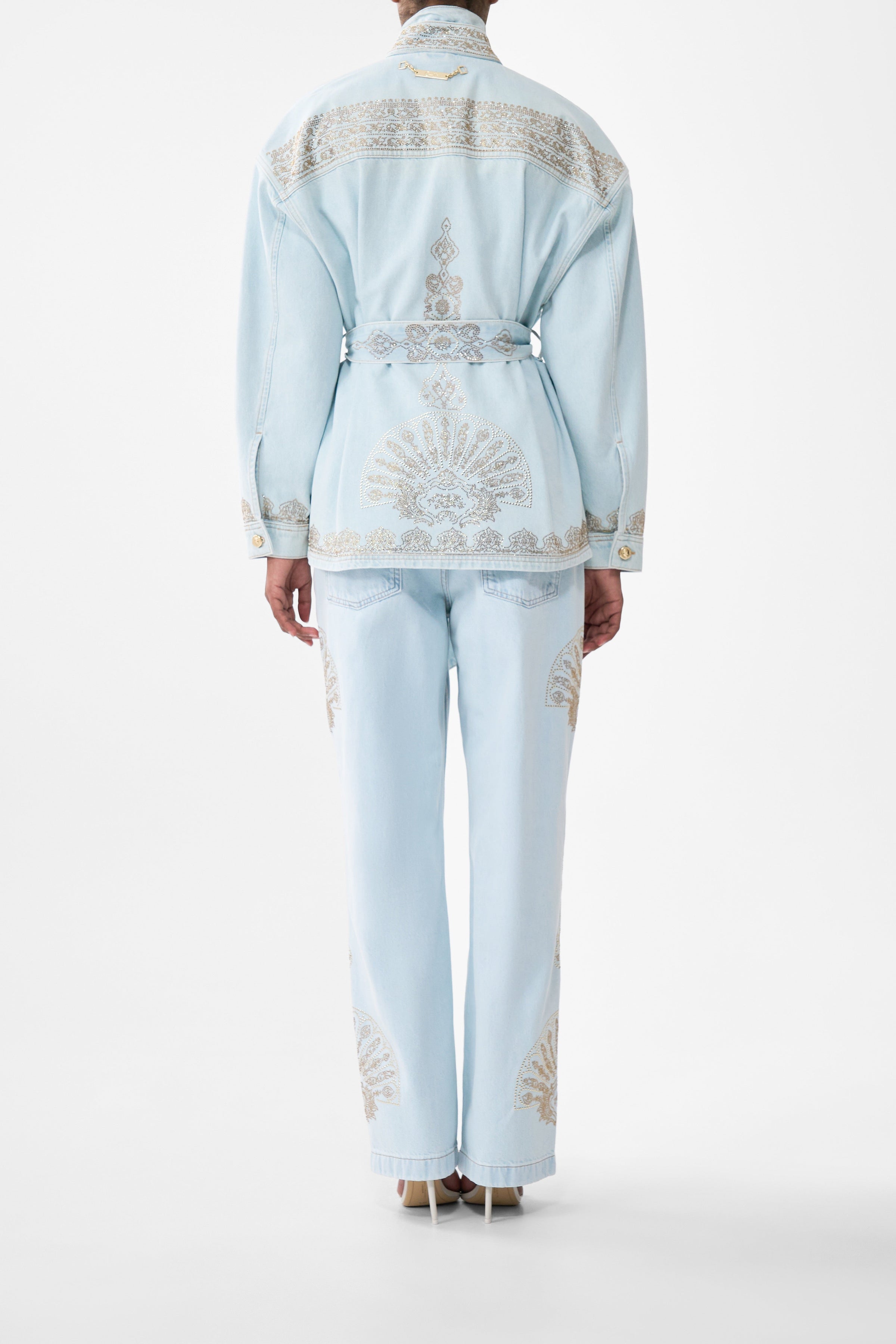 The CAMILLA ALIKA ISTANBUL ALCHEMY HIGH NECK JACKET DENIM in our  print.