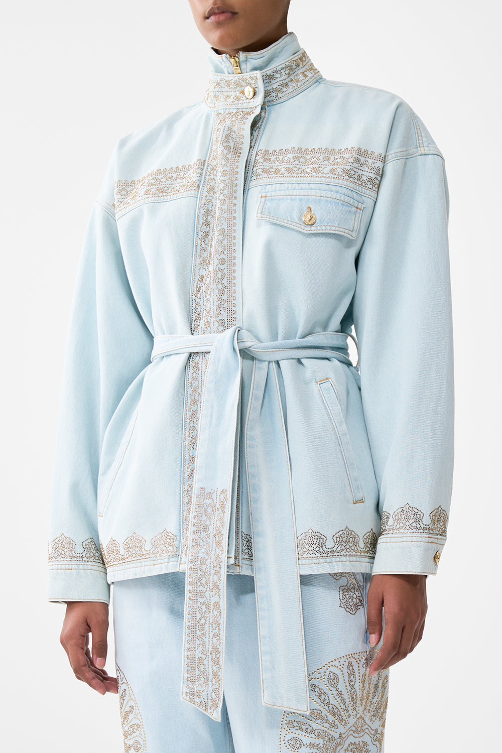 The CAMILLA ALIKA ISTANBUL ALCHEMY HIGH NECK JACKET DENIM in our  print.