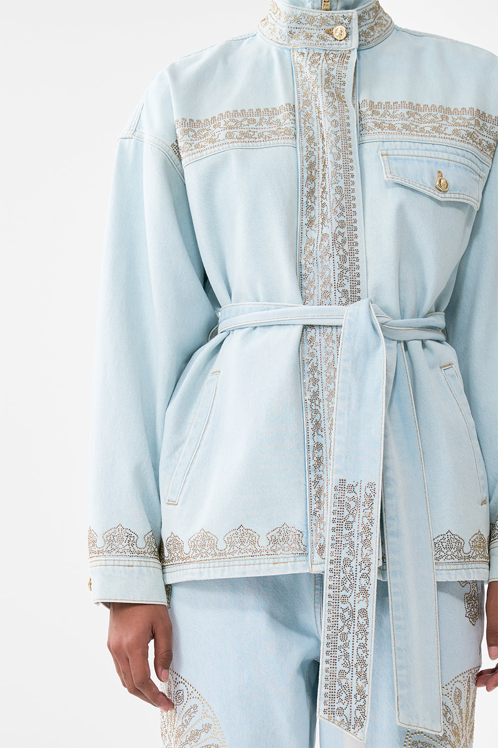 The CAMILLA ALIKA ISTANBUL ALCHEMY HIGH NECK JACKET DENIM in our  print.