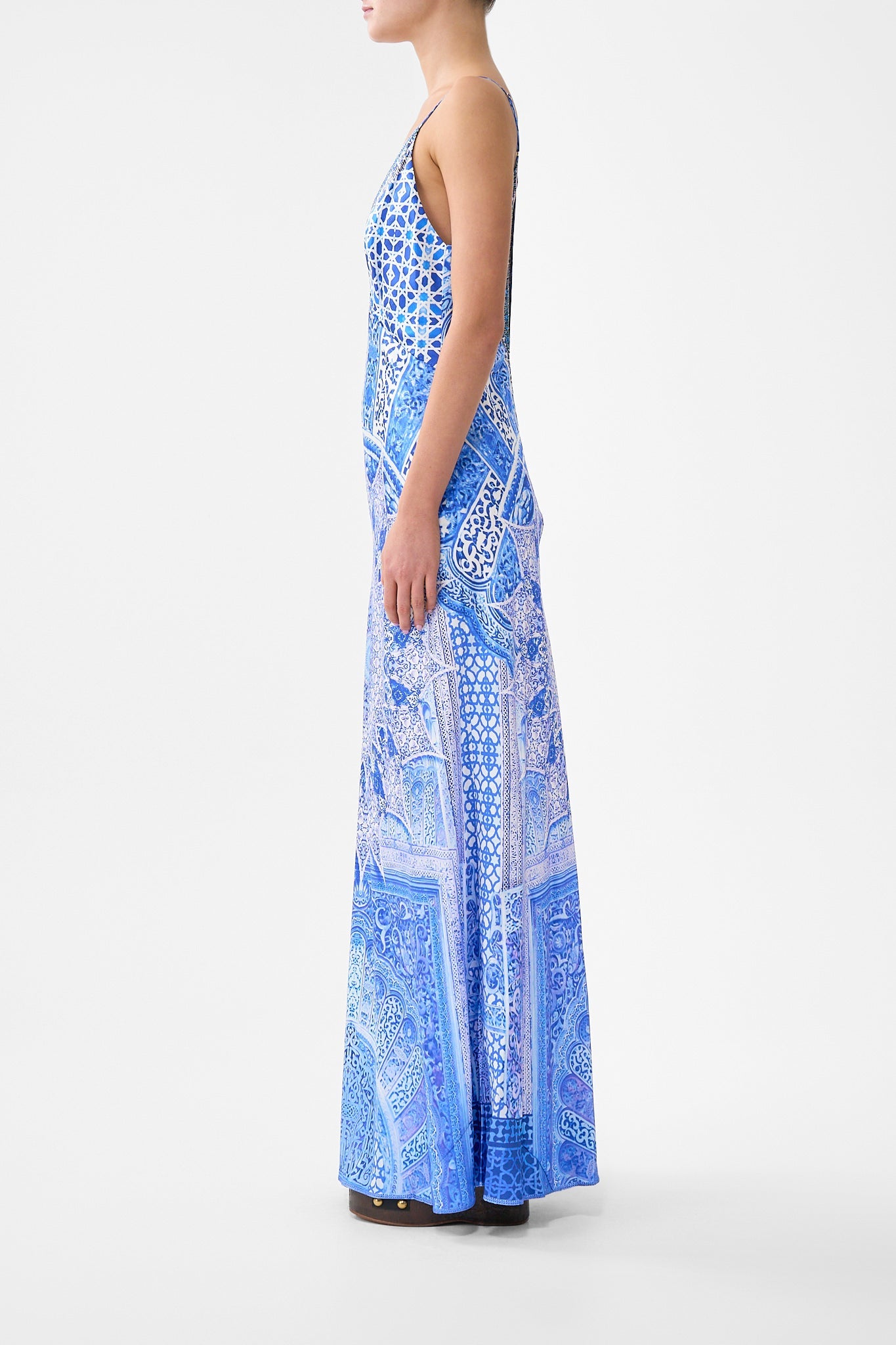 V-NECK LONG BIAS SLIP DRESS WITH TRAIN THE BOSPHOROUS