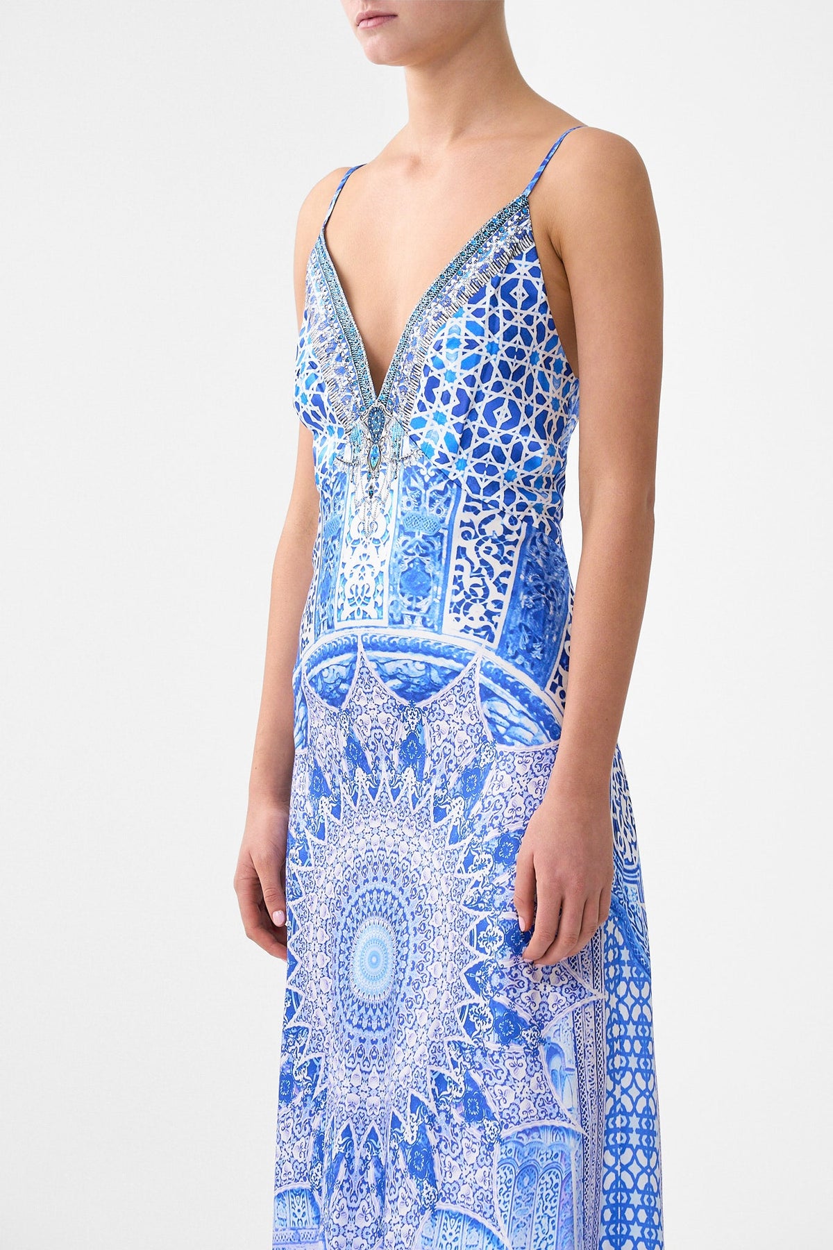 V-NECK LONG BIAS SLIP DRESS WITH TRAIN THE BOSPHOROUS