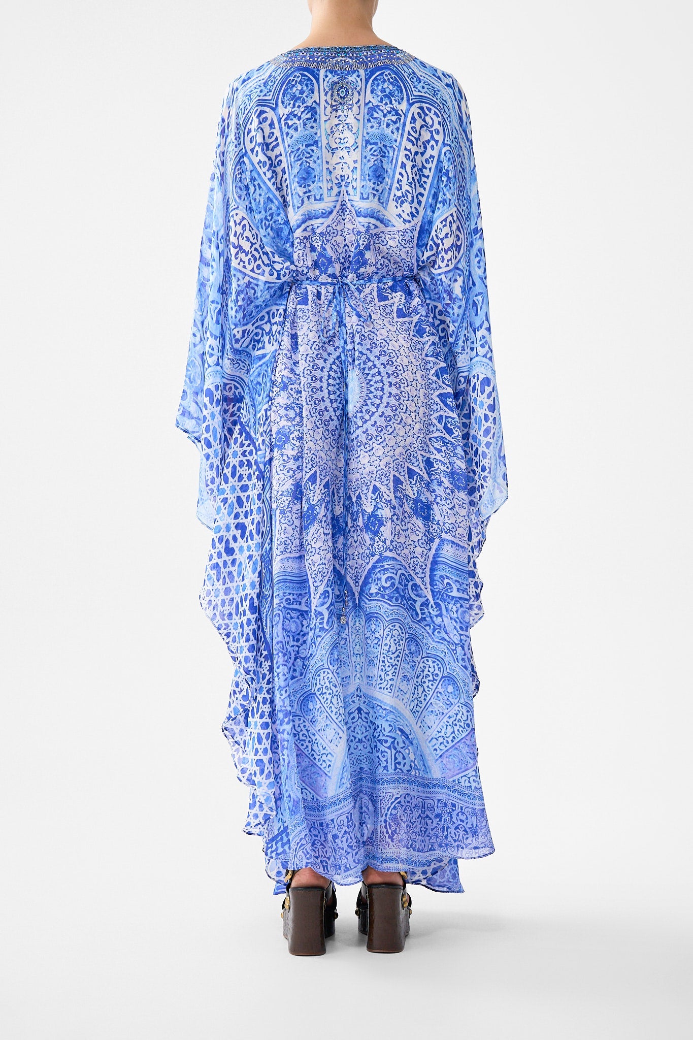 The CAMILLA LONG KAFTAN WITH WAIST DETAIL THE BOSPHOROUS in our  print.