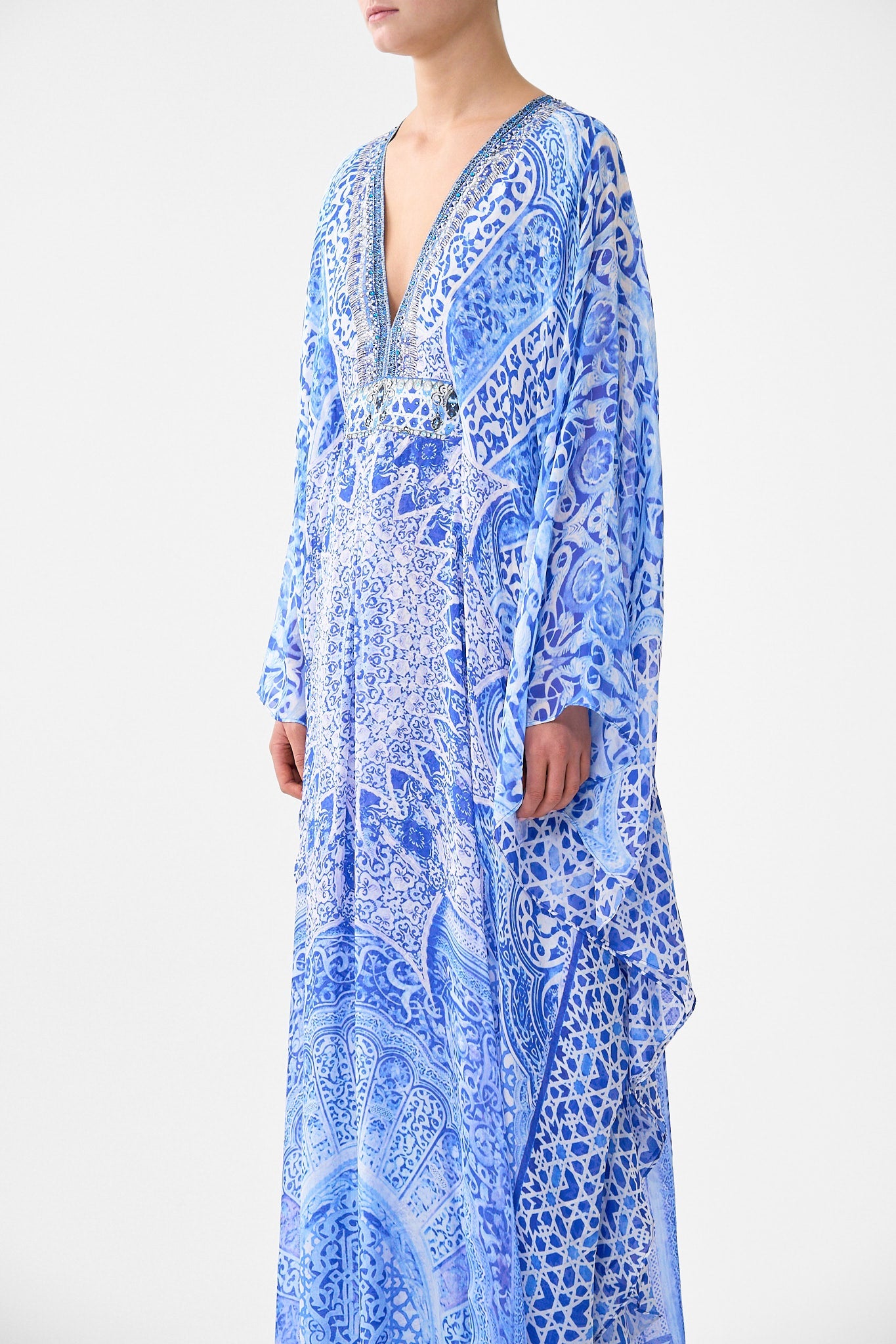 The CAMILLA LONG KAFTAN WITH WAIST DETAIL THE BOSPHOROUS in our  print.