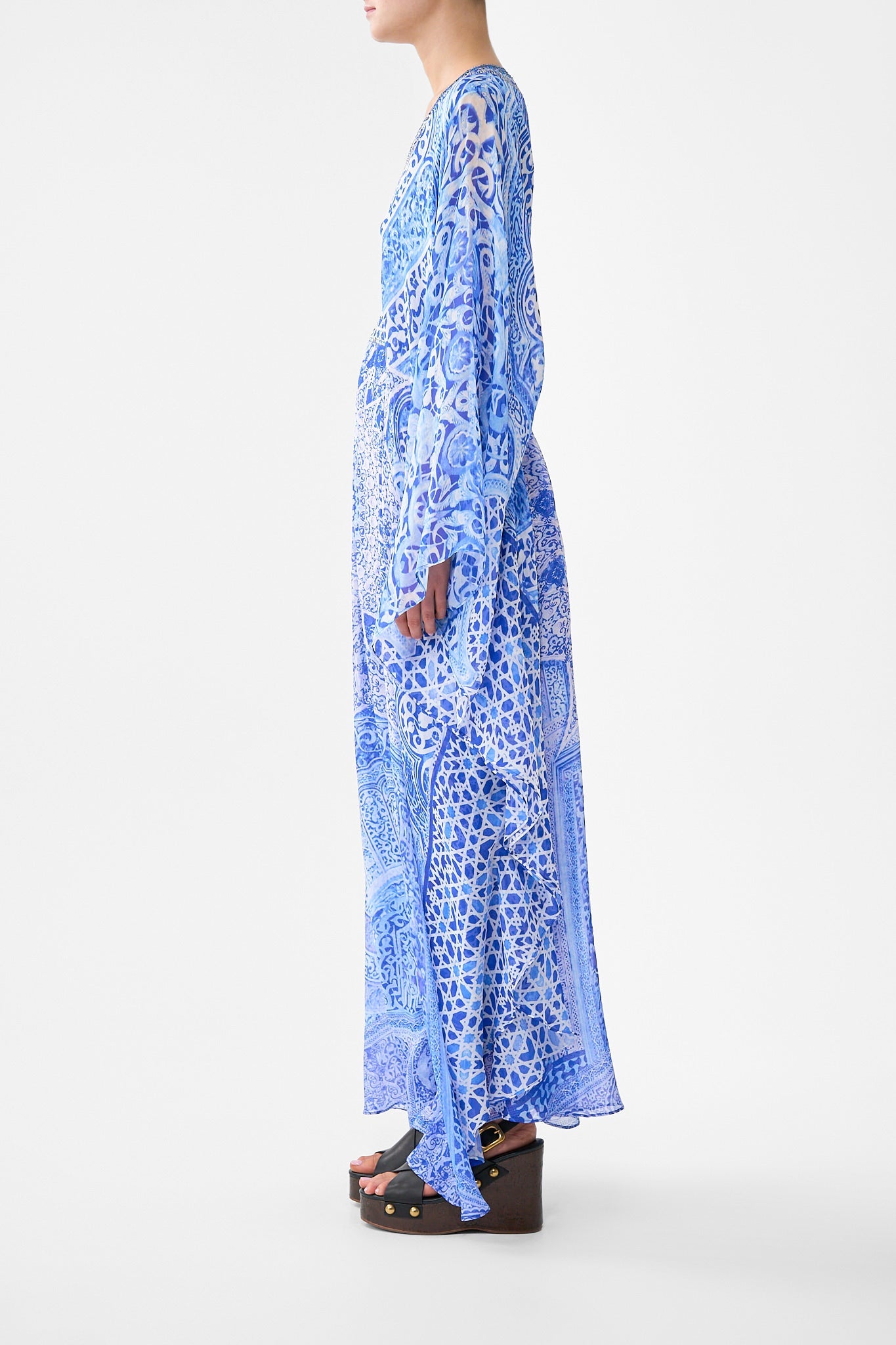 The CAMILLA LONG KAFTAN WITH WAIST DETAIL THE BOSPHOROUS in our  print.