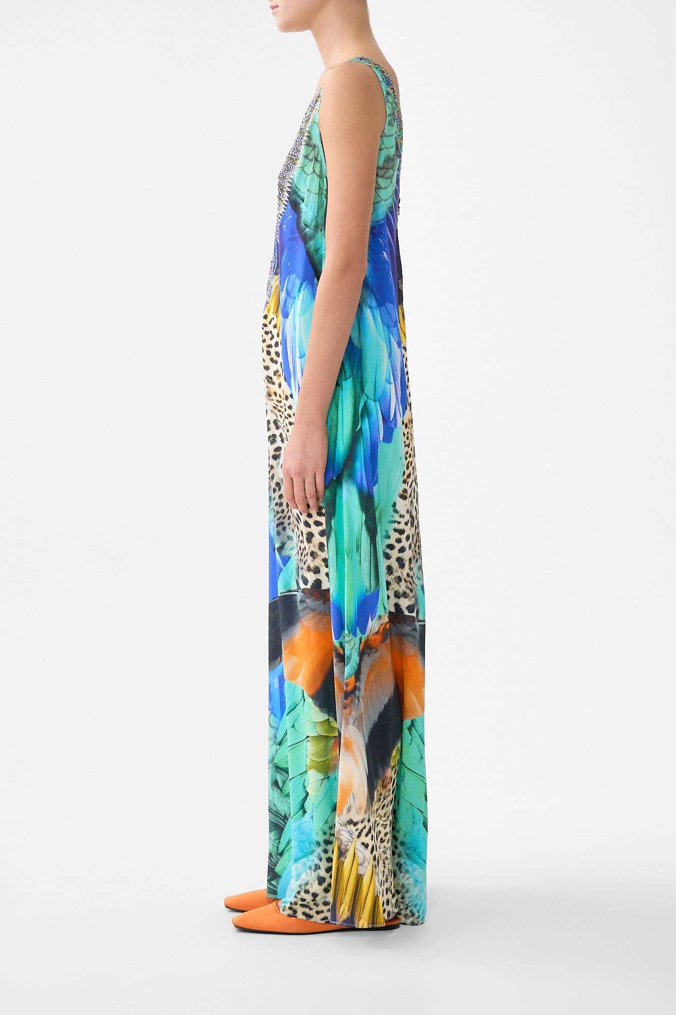 V NECK FLARED JUMPSUIT JUNGLE FLIGHT