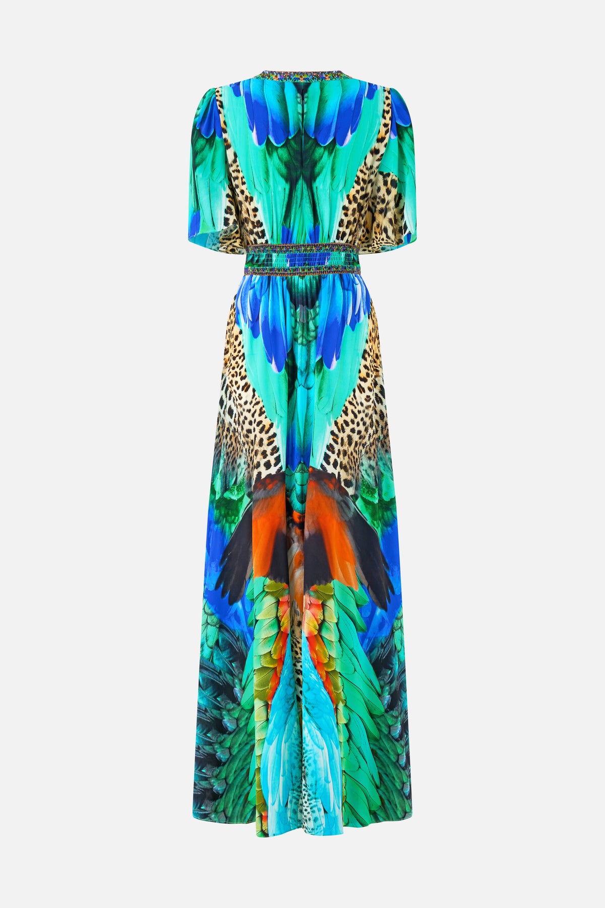 SHAPED WAISTBAND DRESS WITH FLUTTER SLEEVES JUNGLE FLIGHT