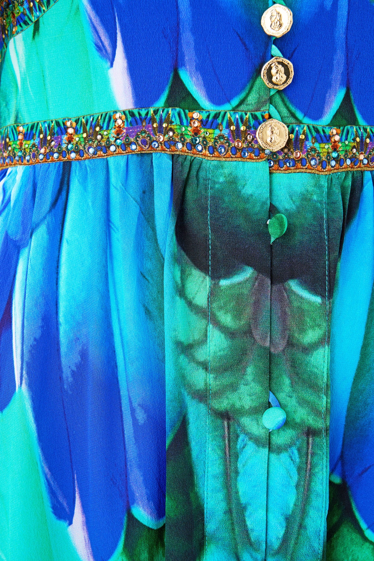 SHAPED WAISTBAND DRESS WITH FLUTTER SLEEVES JUNGLE FLIGHT