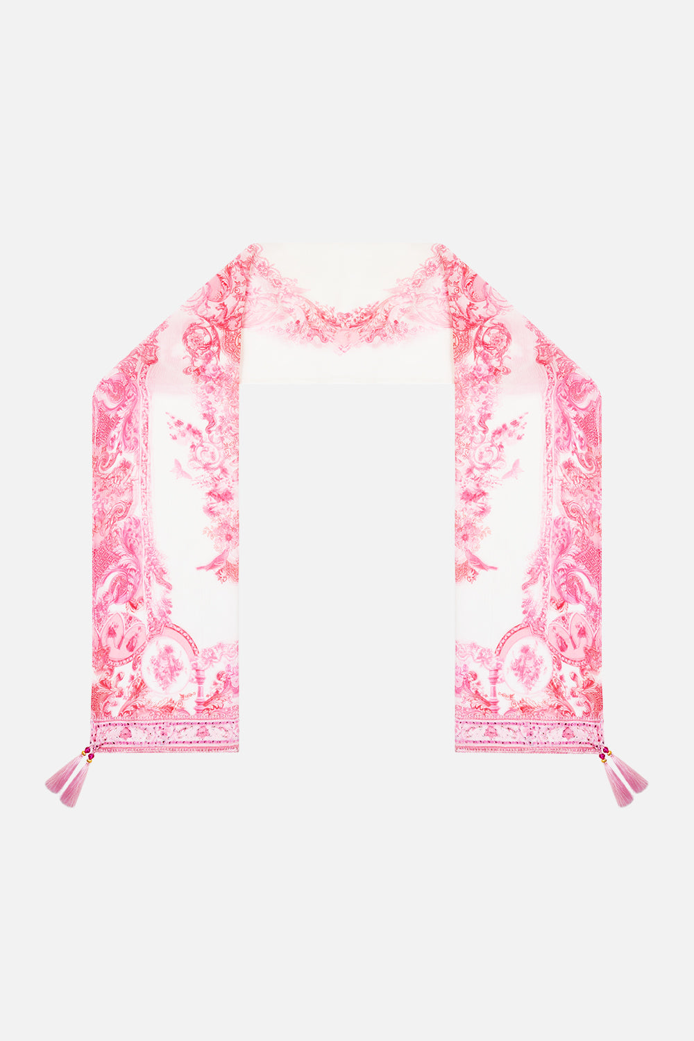 The CAMILLA LONG SILK CRINKLE CHIFFON SCARF LIVIN LA VIDA ROSA in our LIVIN LA VIDA ROSA print.