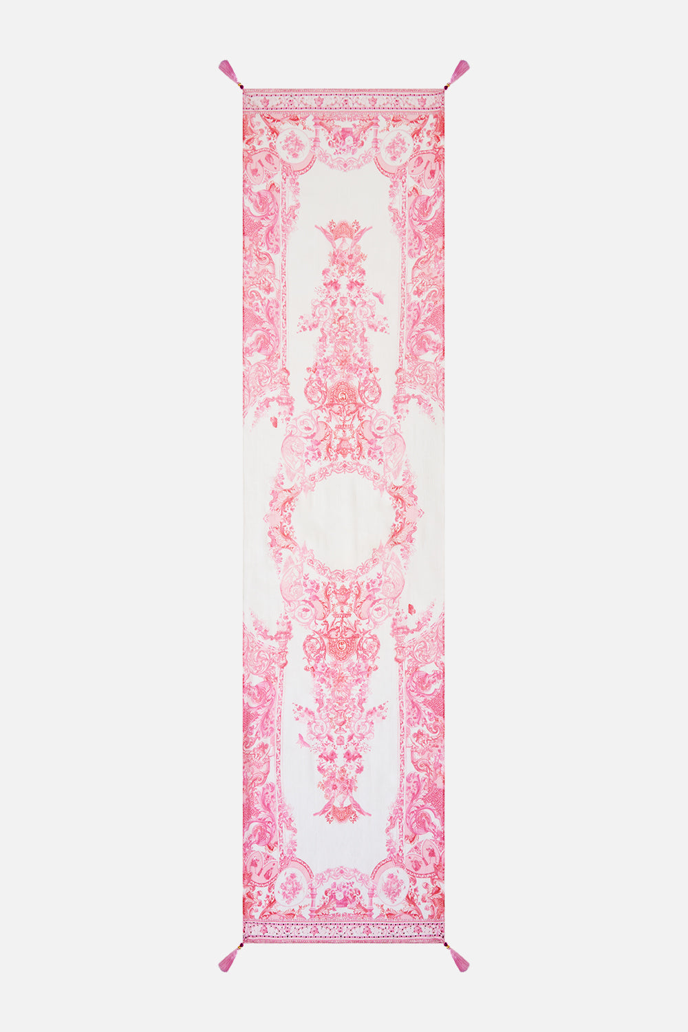 The CAMILLA LONG SILK CRINKLE CHIFFON SCARF LIVIN LA VIDA ROSA in our  print.