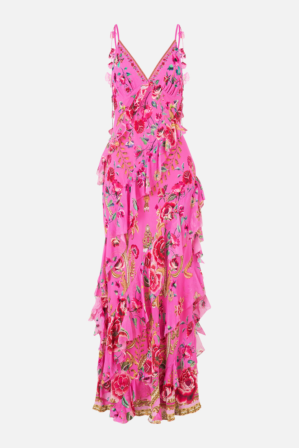 The CAMILLA ASYMMETRICAL RUFFLE SLIP DRESS MATADORA FLORA in our  print.