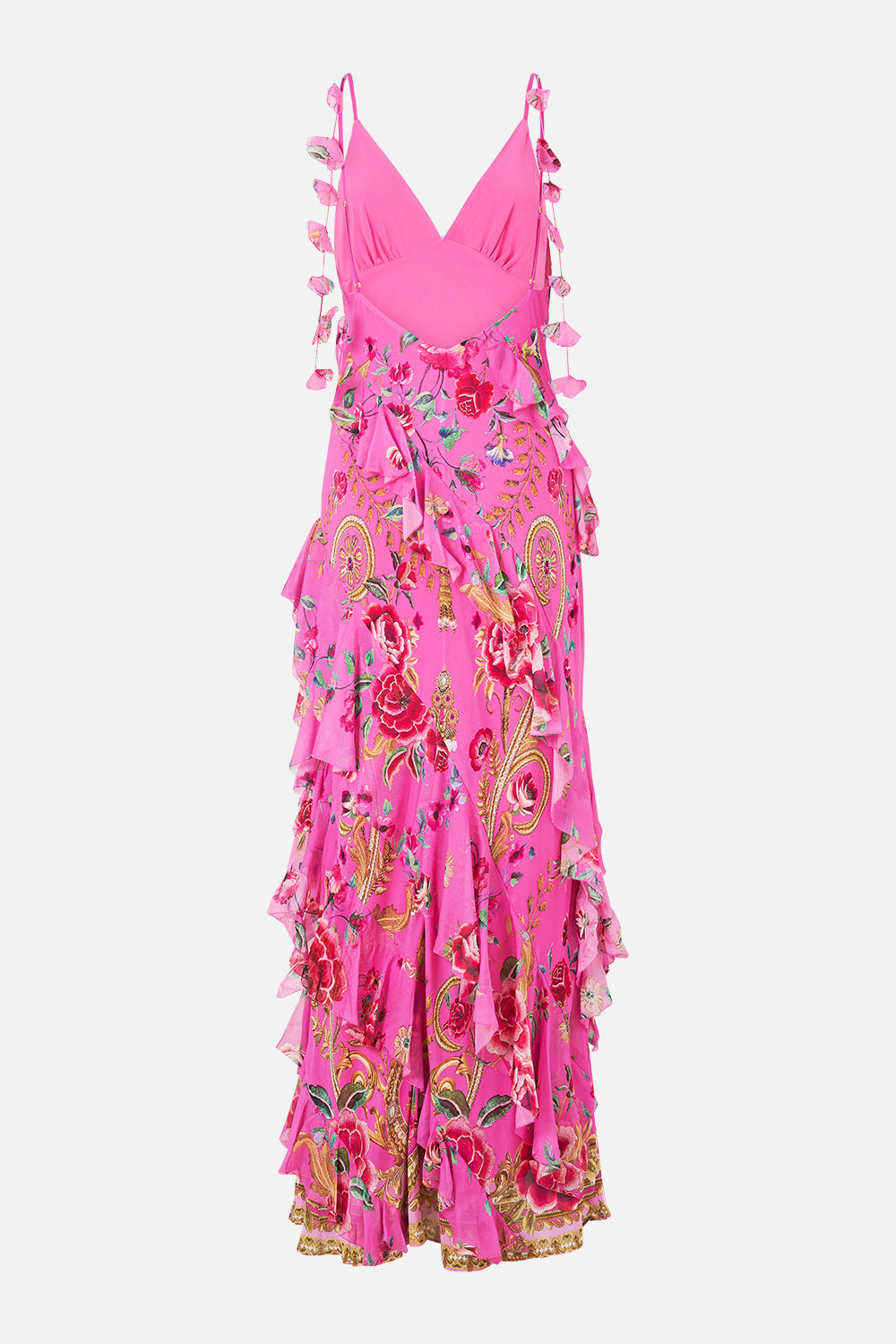 The CAMILLA ASYMMETRICAL RUFFLE SLIP DRESS MATADORA FLORA in our  print.