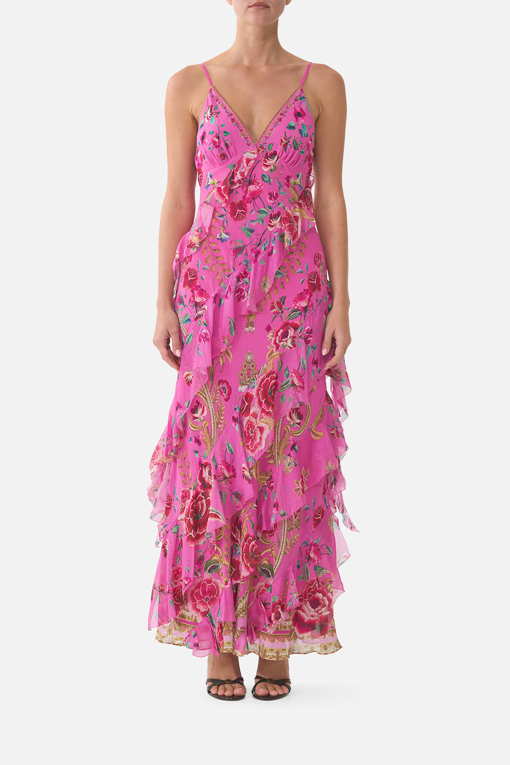 The CAMILLA ASYMMETRICAL RUFFLE SLIP DRESS MATADORA FLORA in our MATADORA FLORA print.