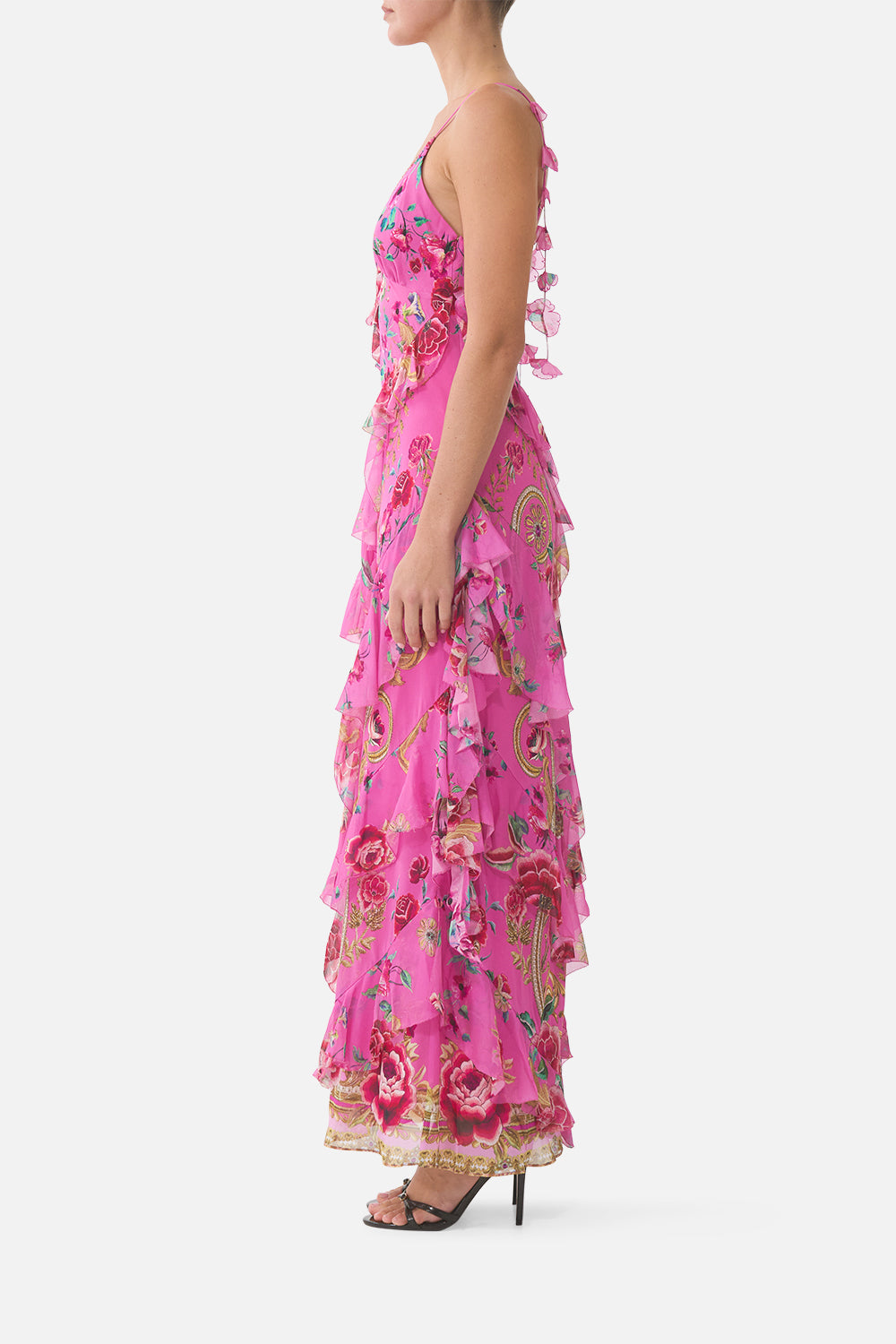 The CAMILLA ASYMMETRICAL RUFFLE SLIP DRESS MATADORA FLORA in our  print.