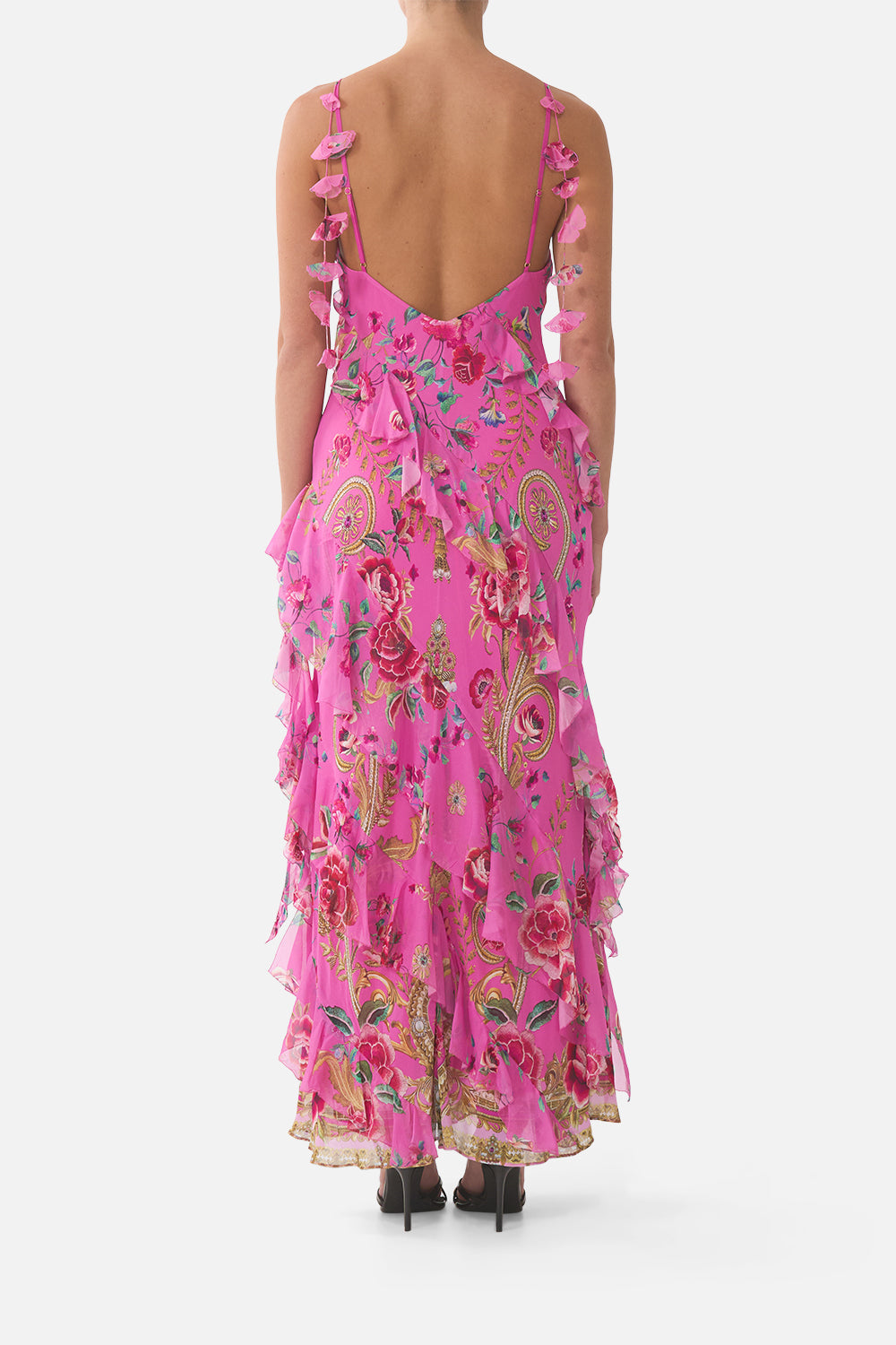 The CAMILLA ASYMMETRICAL RUFFLE SLIP DRESS MATADORA FLORA in our  print.