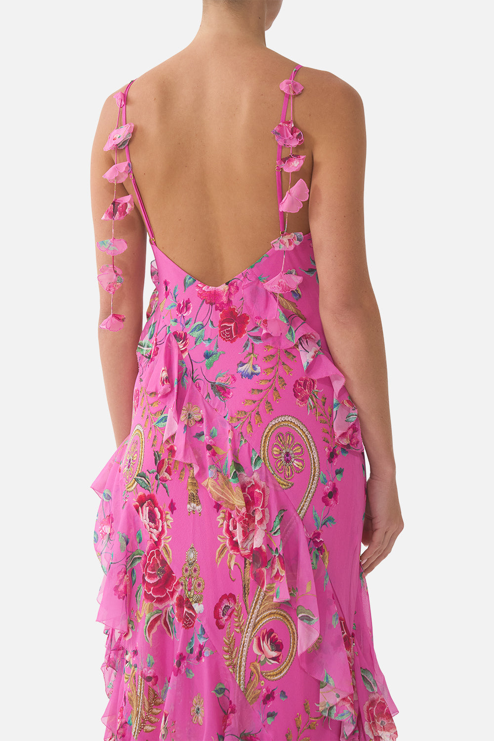 The CAMILLA ASYMMETRICAL RUFFLE SLIP DRESS MATADORA FLORA in our  print.