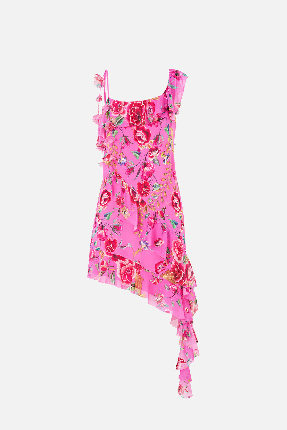The CAMILLA ASYMMETRIC HEM RUFFLE DRESS MATADORA FLORA in our  print.