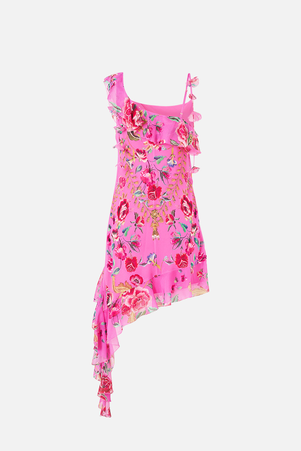 The CAMILLA ASYMMETRIC HEM RUFFLE DRESS MATADORA FLORA in our  print.
