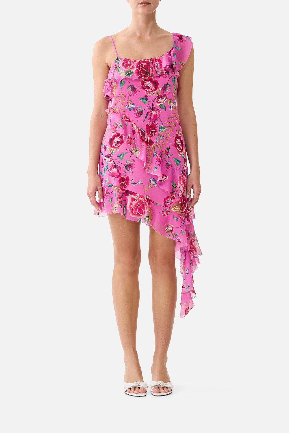 The CAMILLA ASYMMETRIC HEM RUFFLE DRESS MATADORA FLORA in our MATADORA FLORA print.