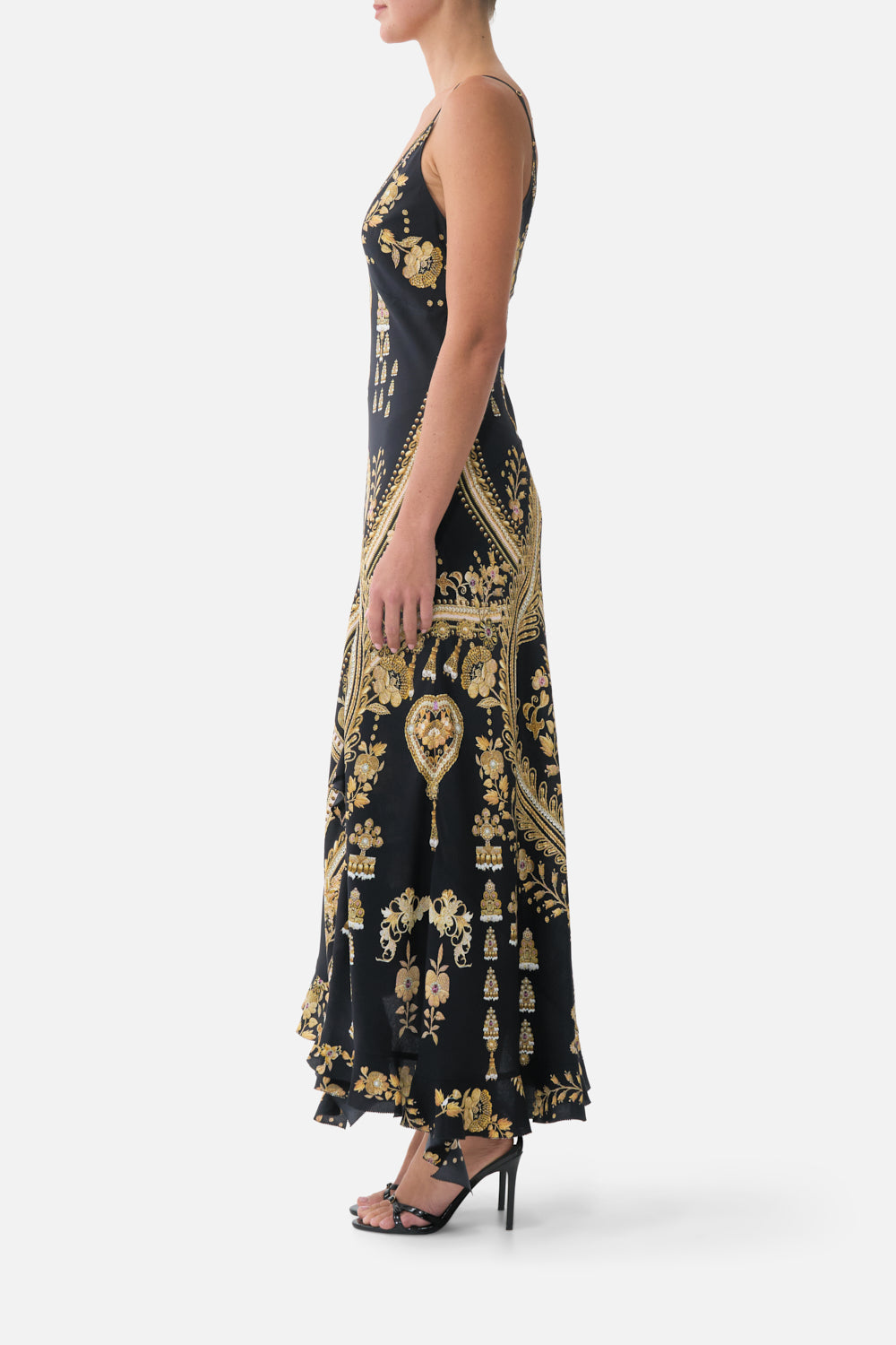 The CAMILLA BIAS SLIP DRESS WITH FRILL HEM TAURUS RISING in our  print.