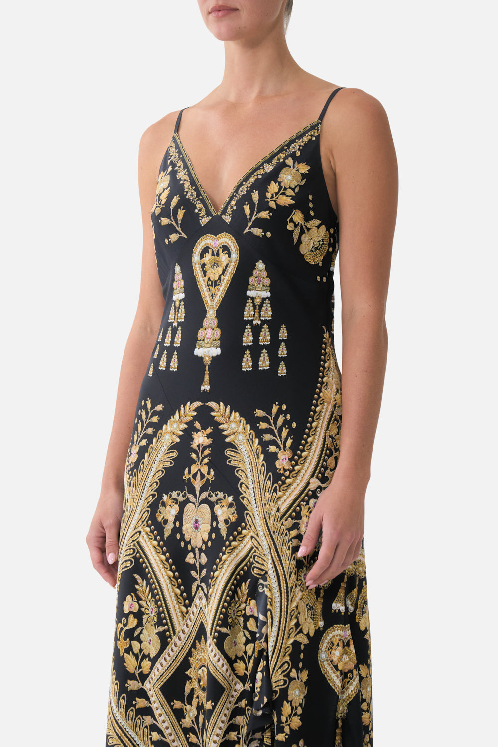 The CAMILLA BIAS SLIP DRESS WITH FRILL HEM TAURUS RISING in our  print.