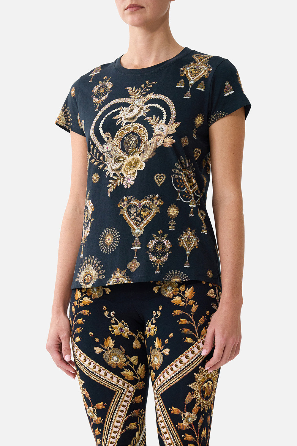 The CAMILLA SLIM FIT ROUND NECK T-SHIRT TAURUS RISING in our  print.