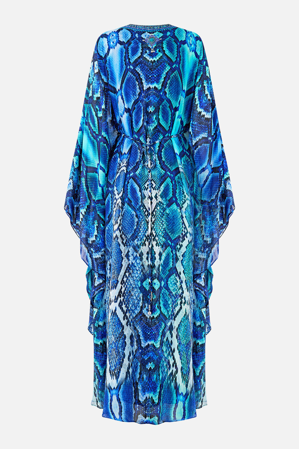 The CAMILLA LONG KAFTAN WITH WAIST DETAIL THE SAPPHIRE SERPENT in our  print.