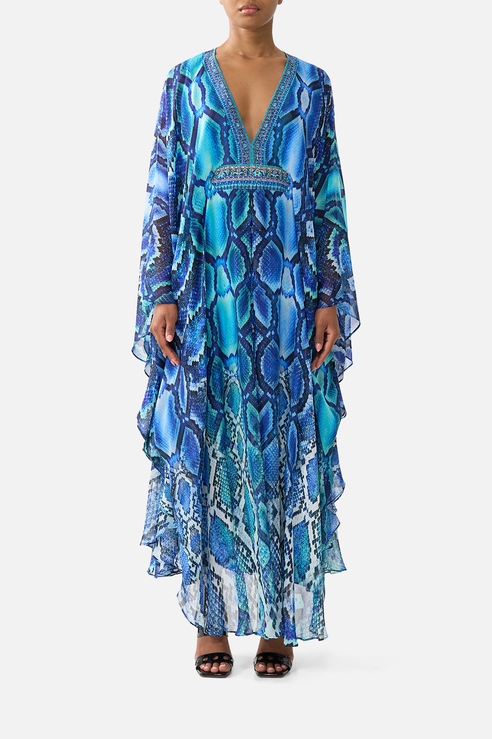 The CAMILLA LONG KAFTAN WITH WAIST DETAIL THE SAPPHIRE SERPENT in our THE SAPPHIRE SERPENT print.