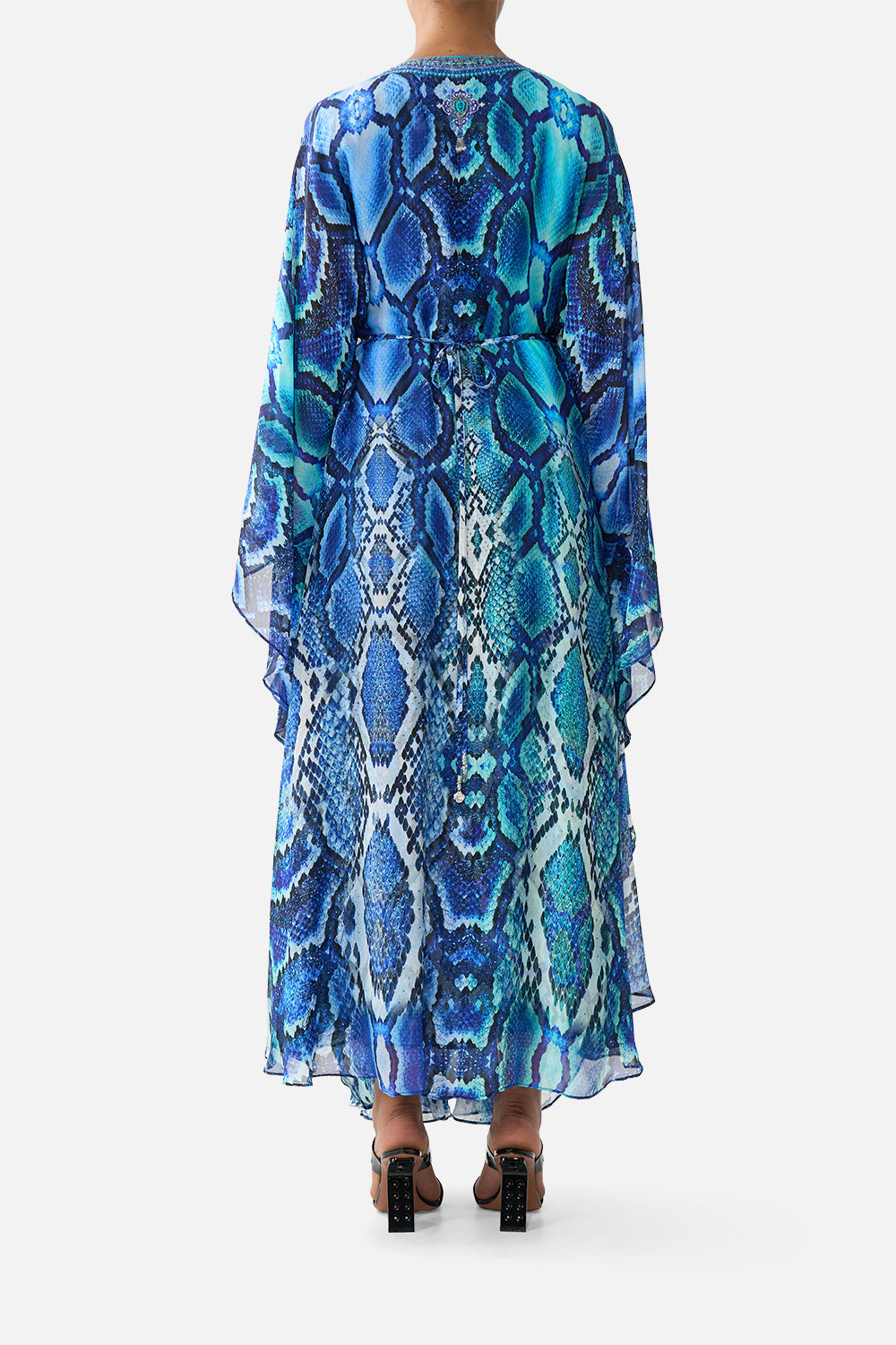 The CAMILLA LONG KAFTAN WITH WAIST DETAIL THE SAPPHIRE SERPENT in our  print.