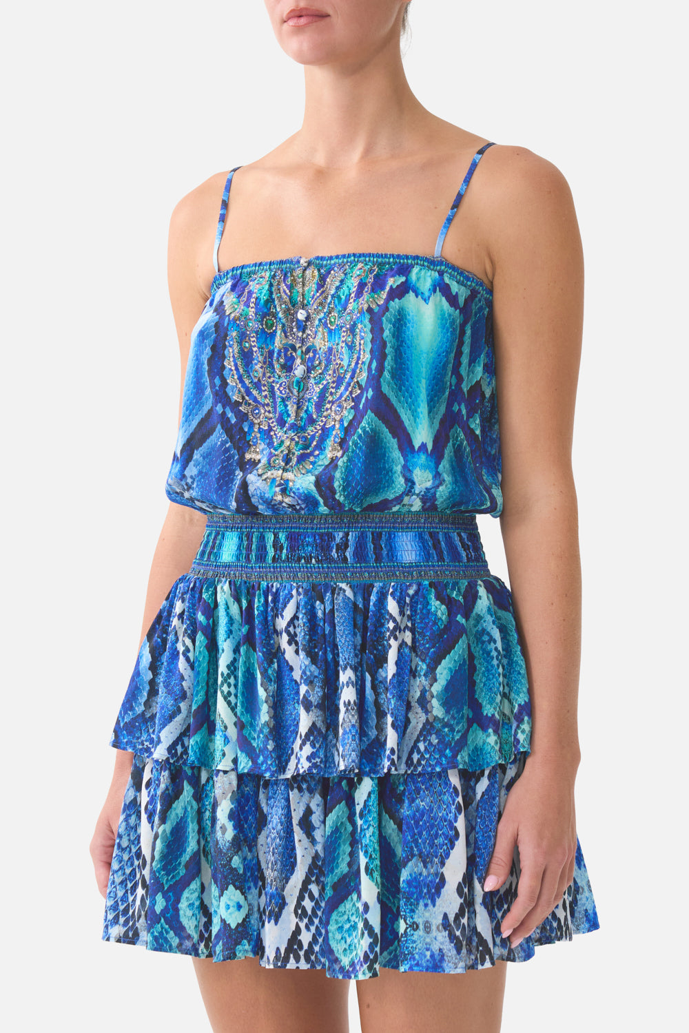 The CAMILLA SHIRRED WAIST MINI DRESS THE SAPPHIRE SERPENT in our  print.