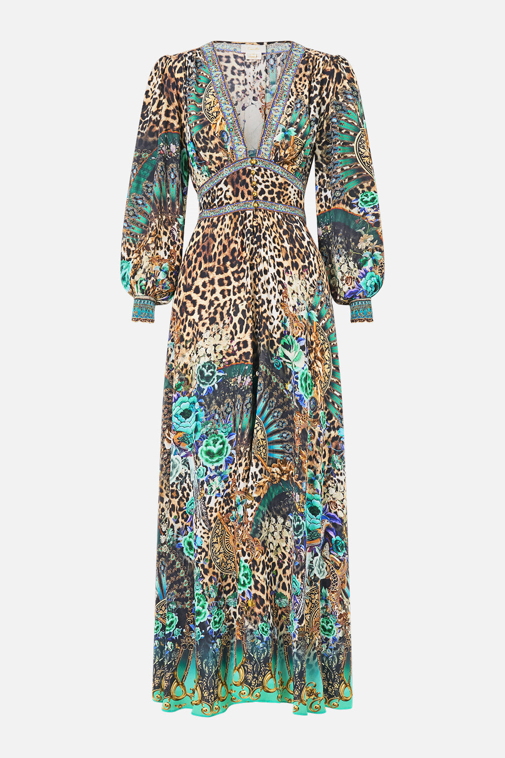The CAMILLA BUTTON DRESS WITH SHAPED WAISTBAND FLAMENCO EUPHORIA in our  print.