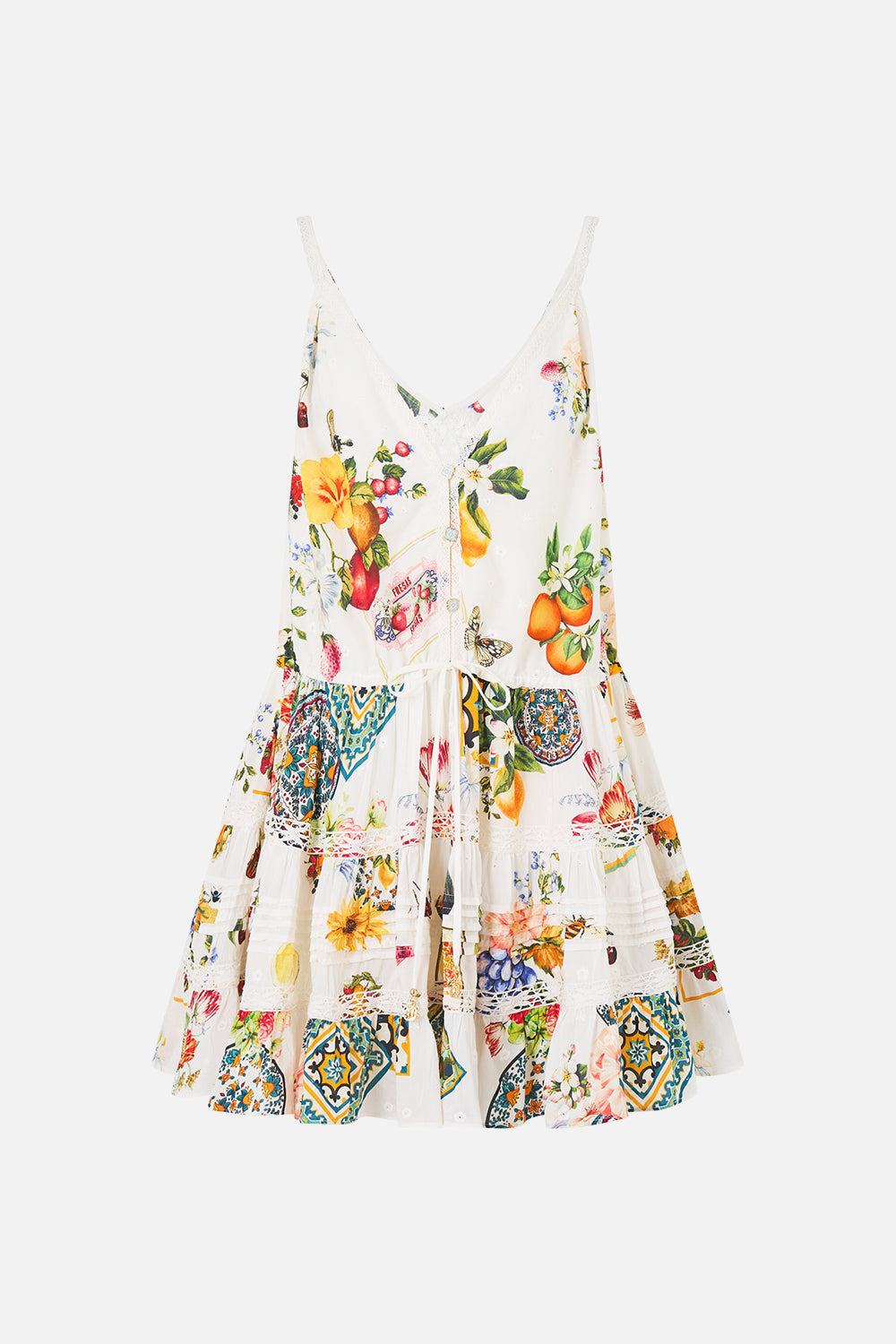 The CAMILLA gather waist short dress in our print Magic of the Mercado. Front view.